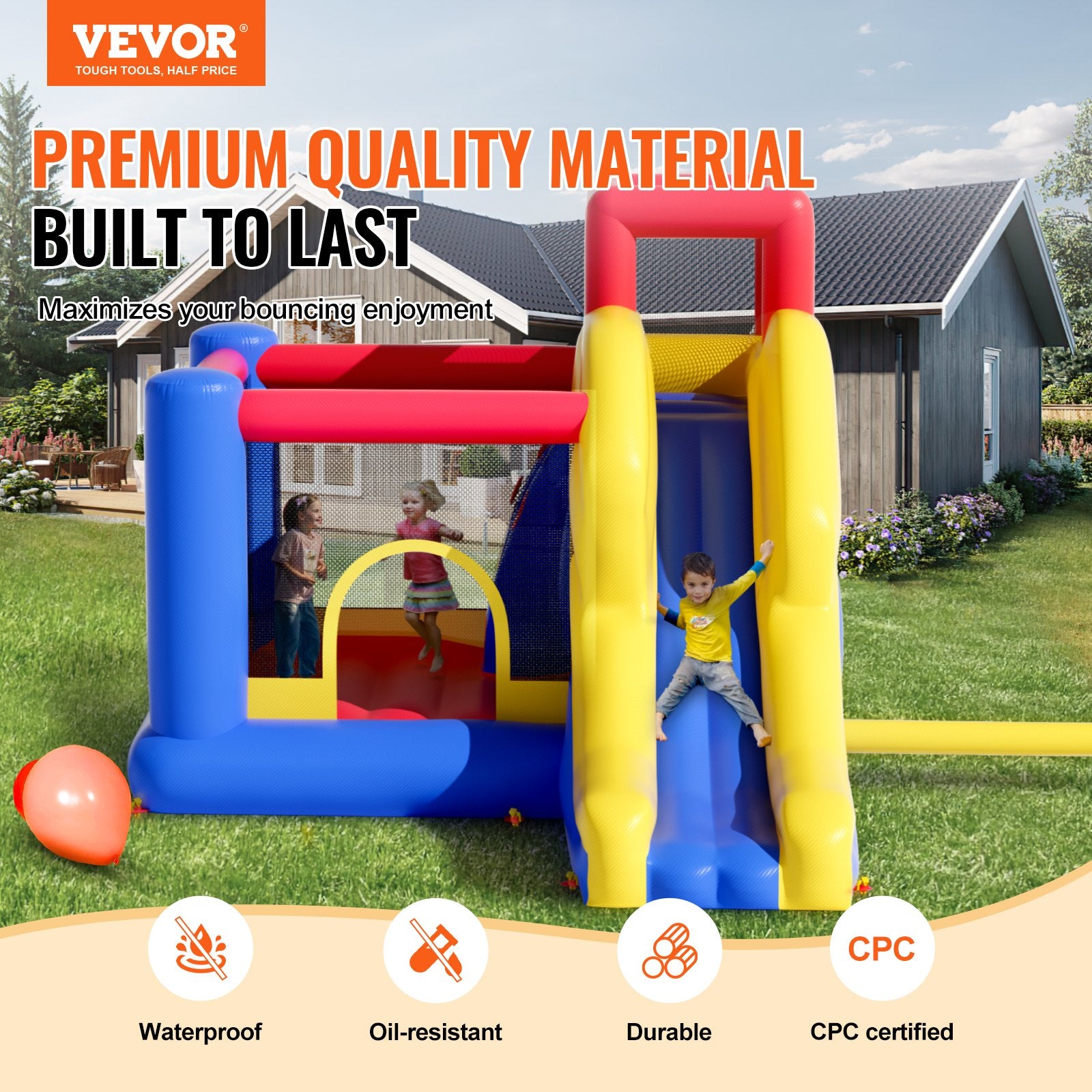Inflatable Bounce House, Outdoor High Quality Playhouse Trampoline, Jumping Bouncer with Blower, Slide, and Storage Bag, Family Backyard Bouncy Castle, for Kid Ages 3_8 Years, 3.4x2.6x2.3m