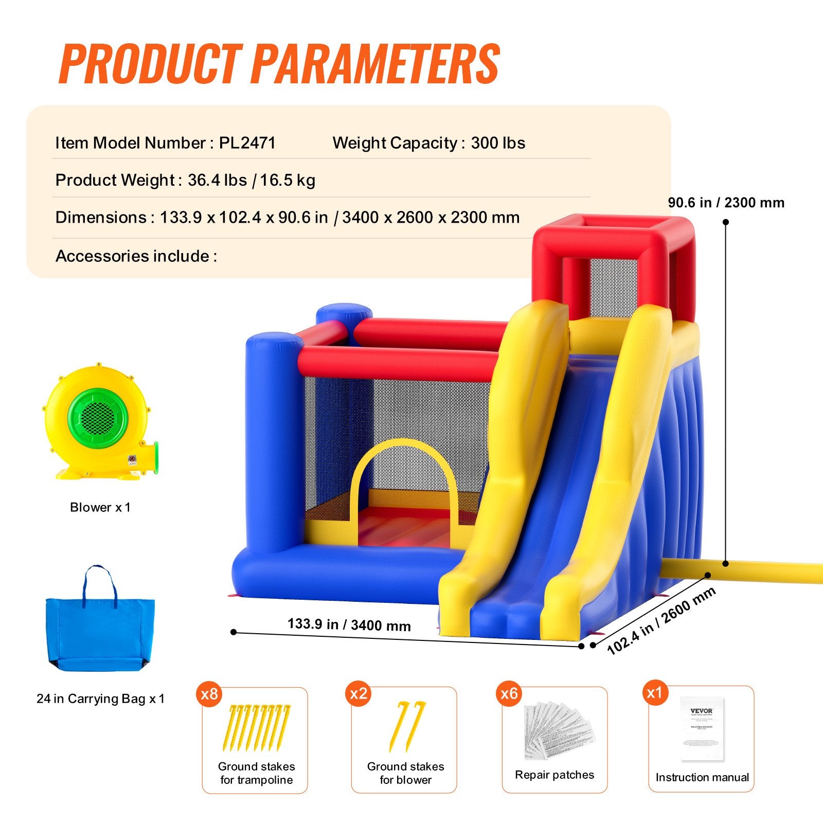 Inflatable Bounce House, Outdoor High Quality Playhouse Trampoline, Jumping Bouncer with Blower, Slide, and Storage Bag, Family Backyard Bouncy Castle, for Kid Ages 3_8 Years, 3.4x2.6x2.3m