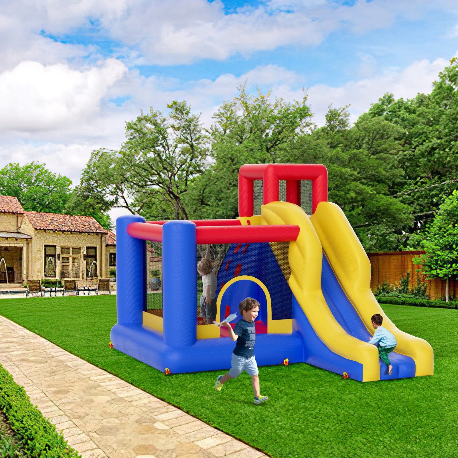 Inflatable Bounce House, Outdoor High Quality Playhouse Trampoline, Jumping Bouncer with Blower, Slide, and Storage Bag, Family Backyard Bouncy Castle, for Kid Ages 3_8 Years, 3.4x2.6x2.3m