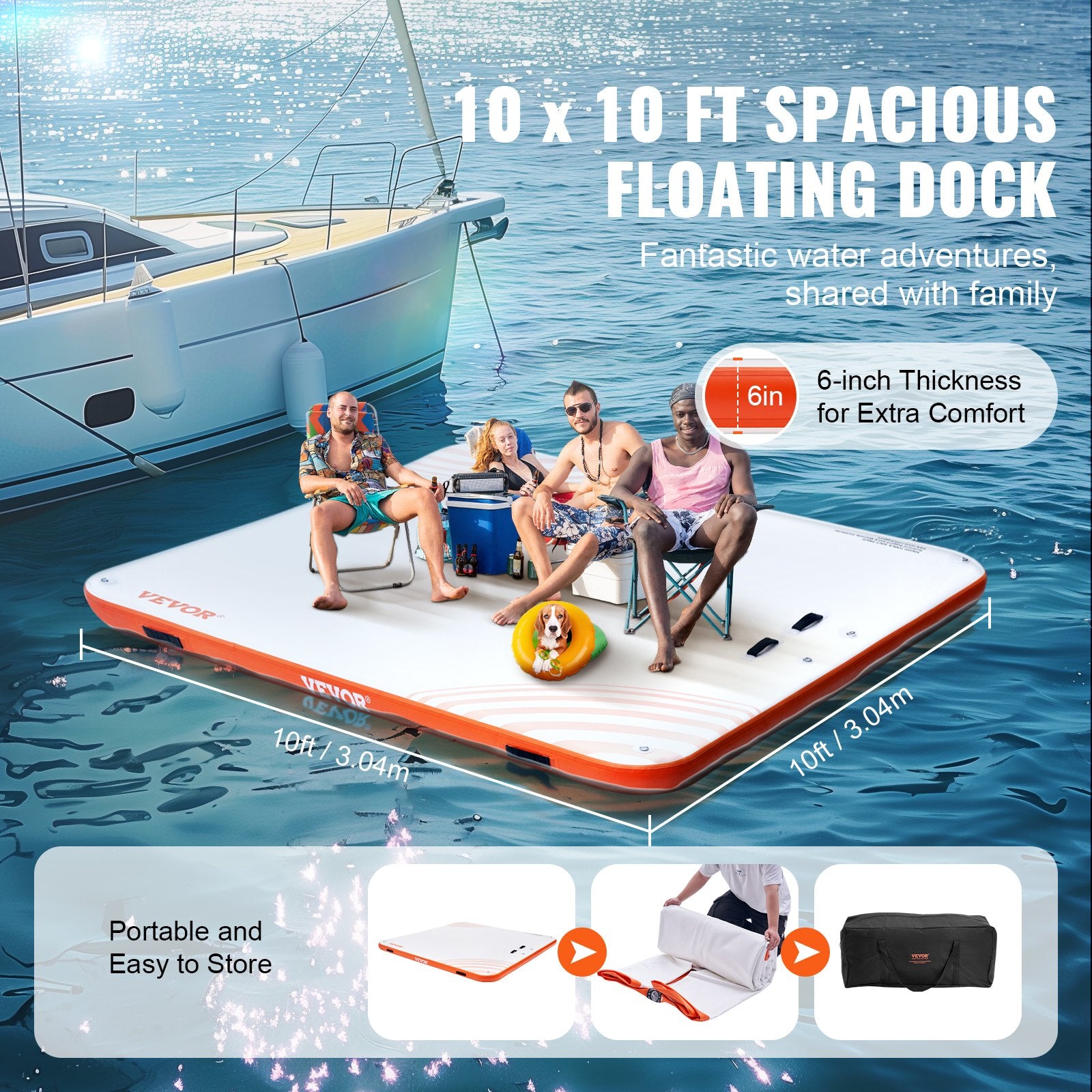 Tents: VEVOR Inflatable Floating Dock, 10 x 10FT Inflatable Dock Platform, Non-Slip Water Floating Dock Mat with Portable Carrying Bag & Detachable Ladder, Floating Platform Island Raft for Pool Beach Ocean