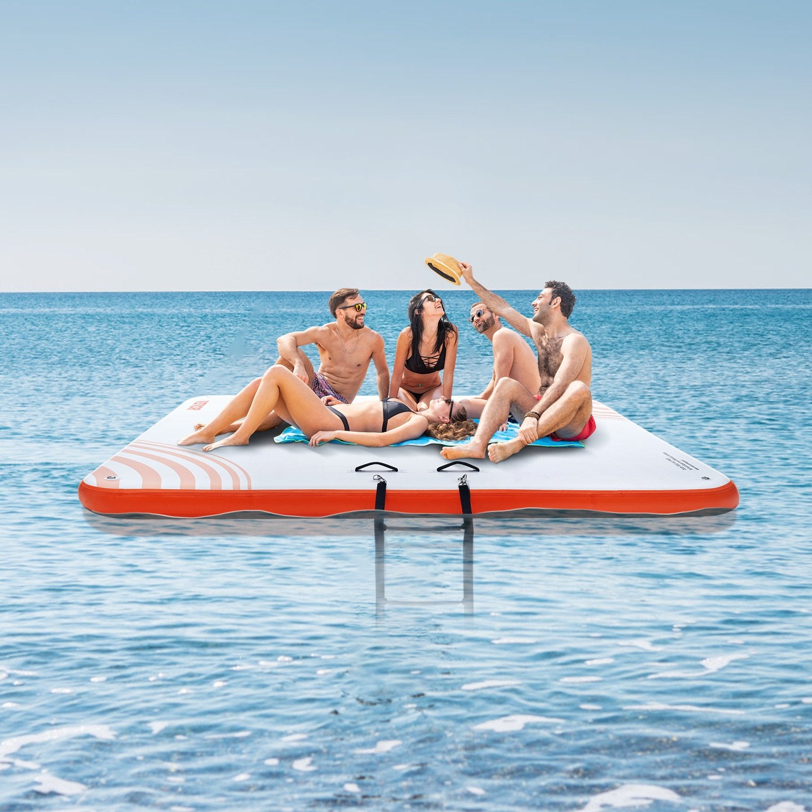 Inflatable Floating Dock, 7 x 7FT Inflatable Dock Platform, Non-Slip Water Floating Dock Mat with Portable Carrying Bag & Detachable Ladder, Floating Platform Island Raft for Pool Beach Ocean