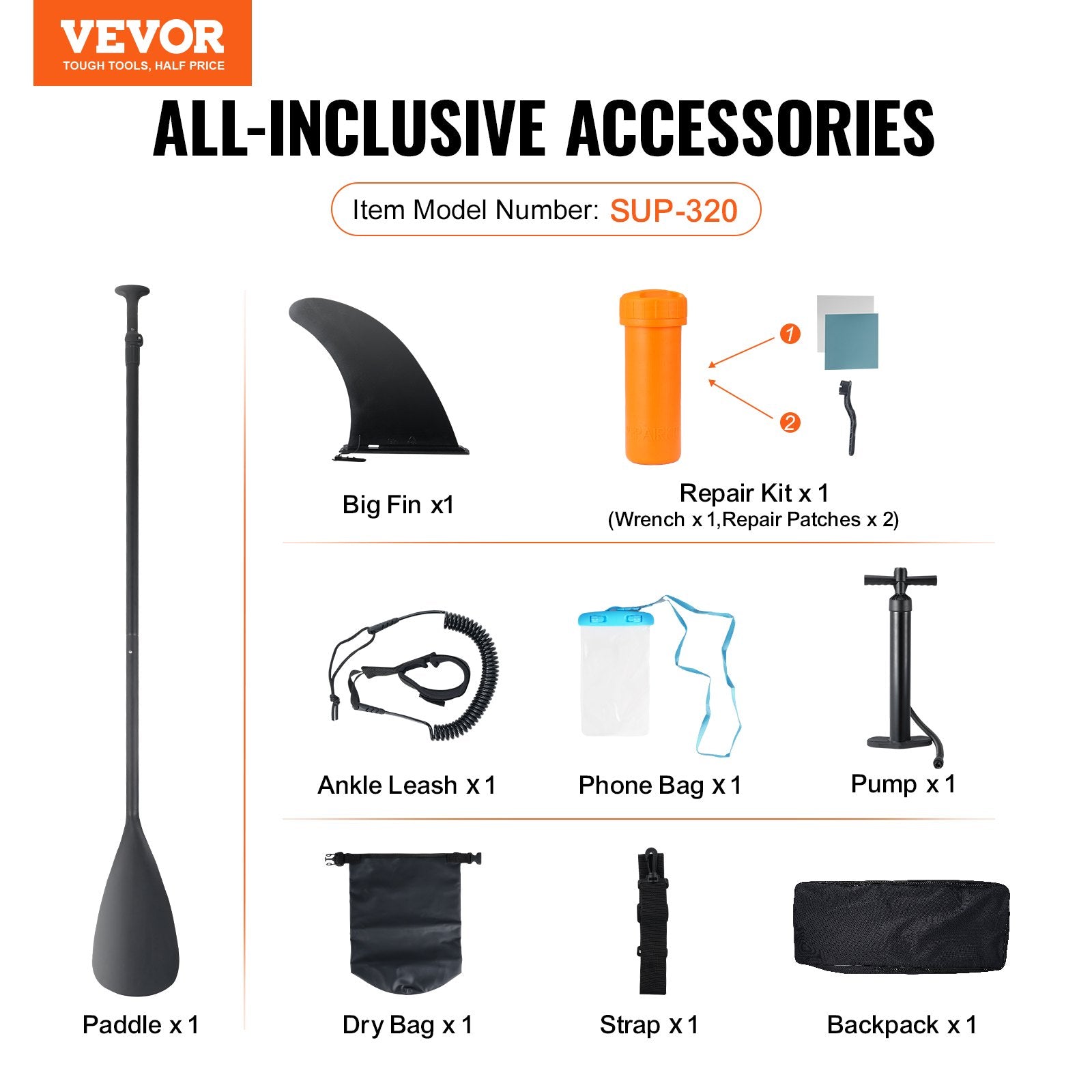Boating Accessories: VEVOR Inflatable Stand Up Paddle Board, 3230 x 838 x 152 mm SUP Paddleboard, with Board Accessories, Pump, Paddle, Fin, Phone Bag, Backpack, Ankle Leash, Repair Kit, Non-slip Deck for Youth & Adults