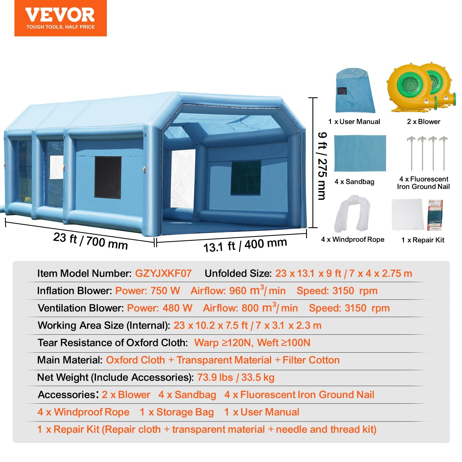 Bathtubs: VEVOR Inflatable Paint Booth 23x13.1x9ft Inflatable Spray Booth 750W+480W Blower