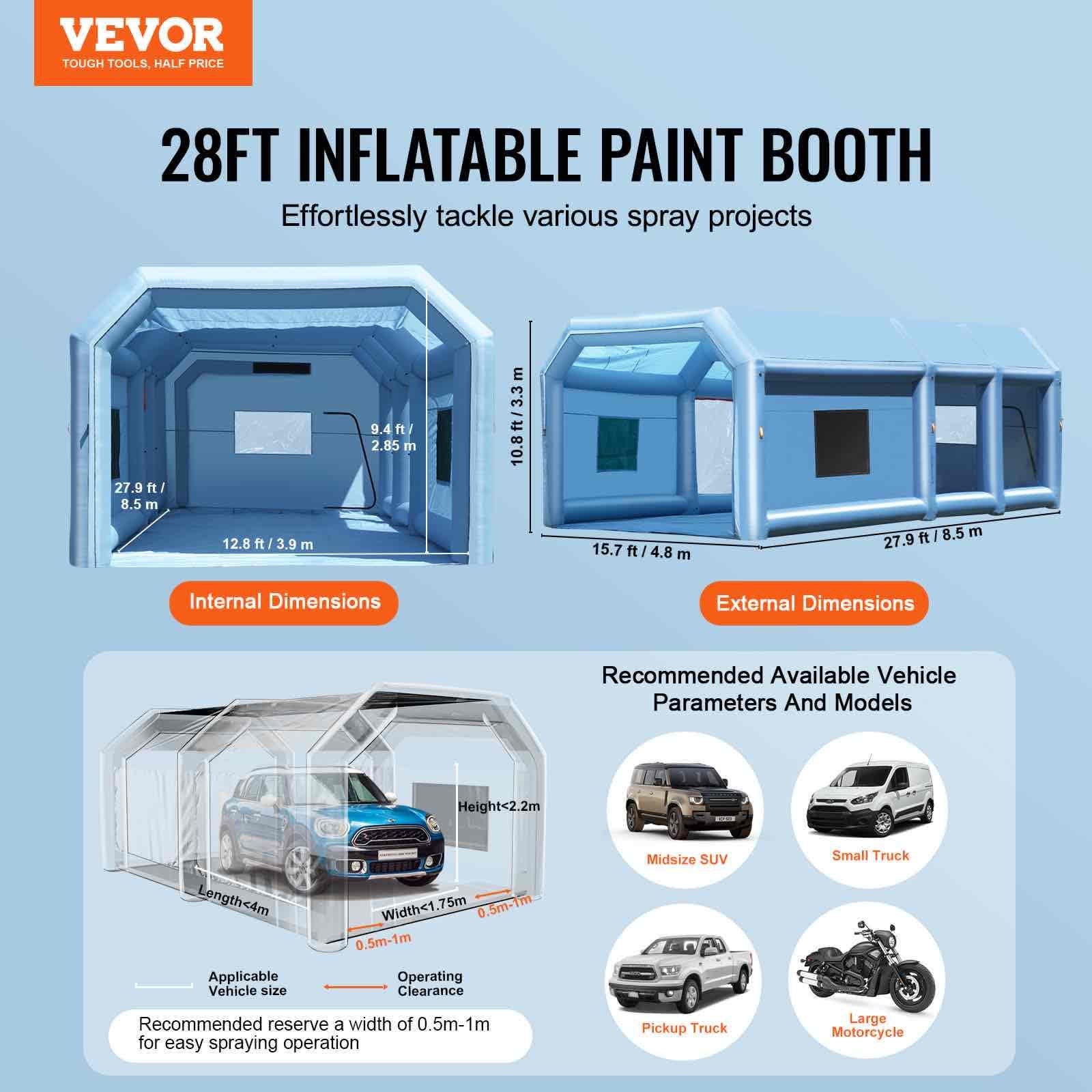 Swimming Pools: VEVOR Inflatable Paint Booth 27.9x15.7x10.8ft Inflatable Spray Booth 950W+750W