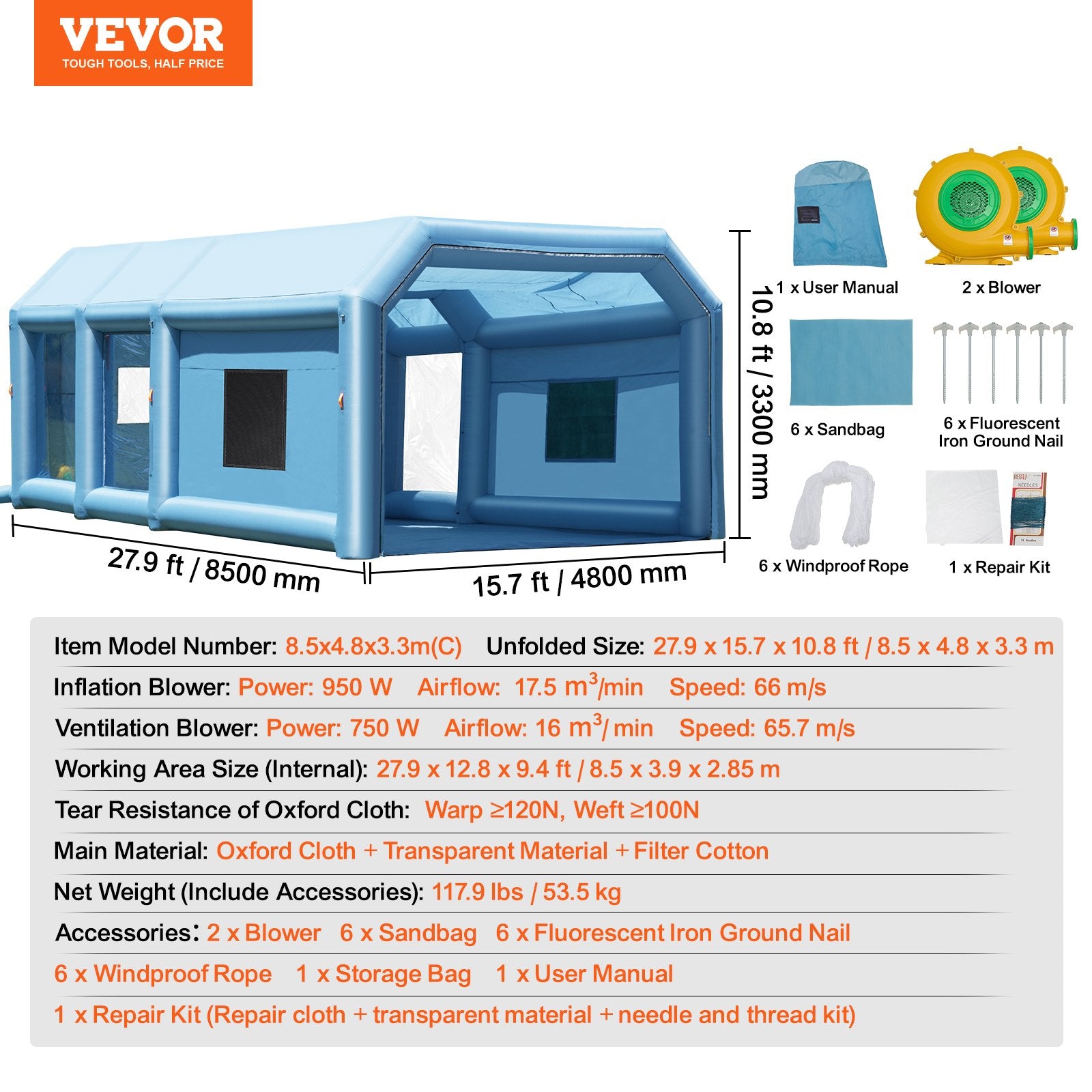 Swimming Pools: VEVOR Inflatable Paint Booth 27.9x15.7x10.8ft Inflatable Spray Booth 950W+750W
