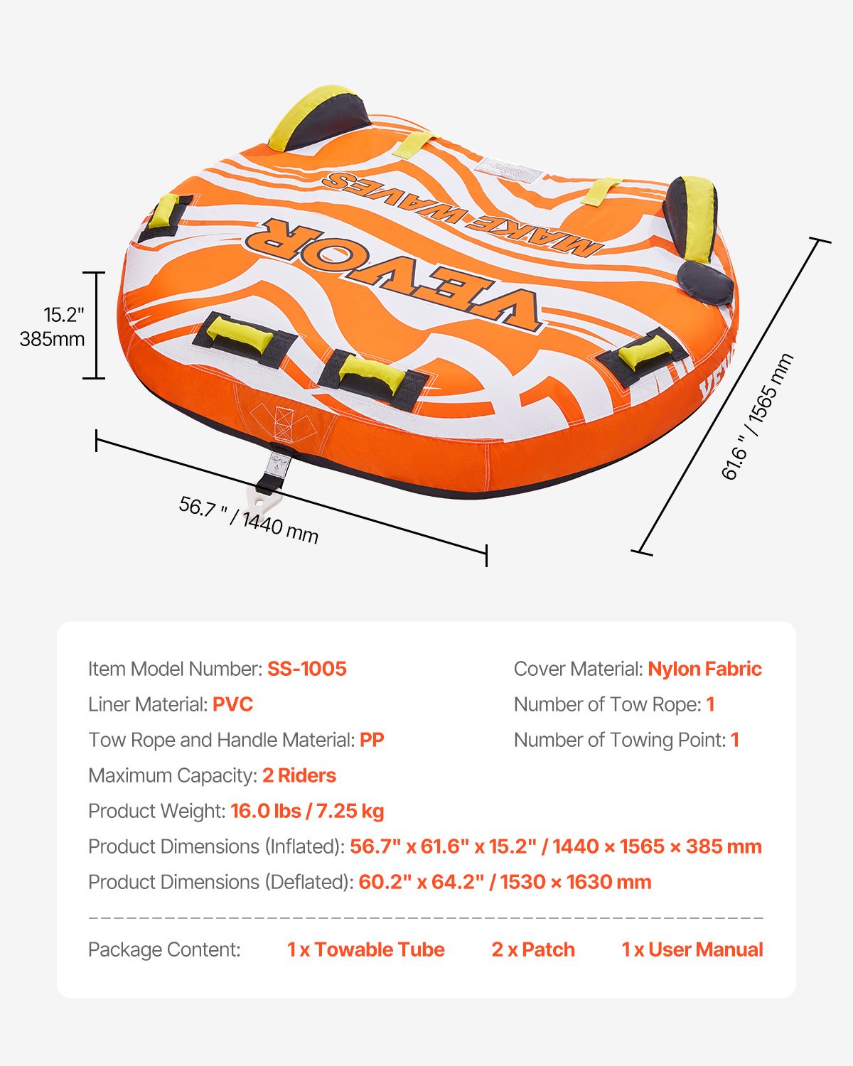 Pool Toys & Inflatables: VEVOR Towable Tube for Boating 1-2 Riders Inflatable Boat Tubes and Towables