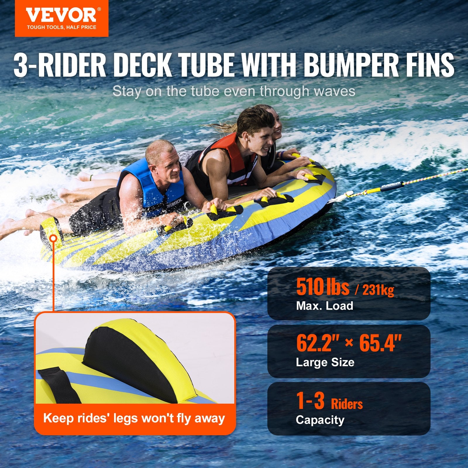 Mobility & Accessibility: VEVOR Towable Tube for Boating, 1-3 Riders Inflatable Towable Tube with Bumper Fins, 510 lbs Water Sport Towable Tubes for Boats to Pull, Full Nylon Cover, EVA Grab Handles and Speed Safety Valve