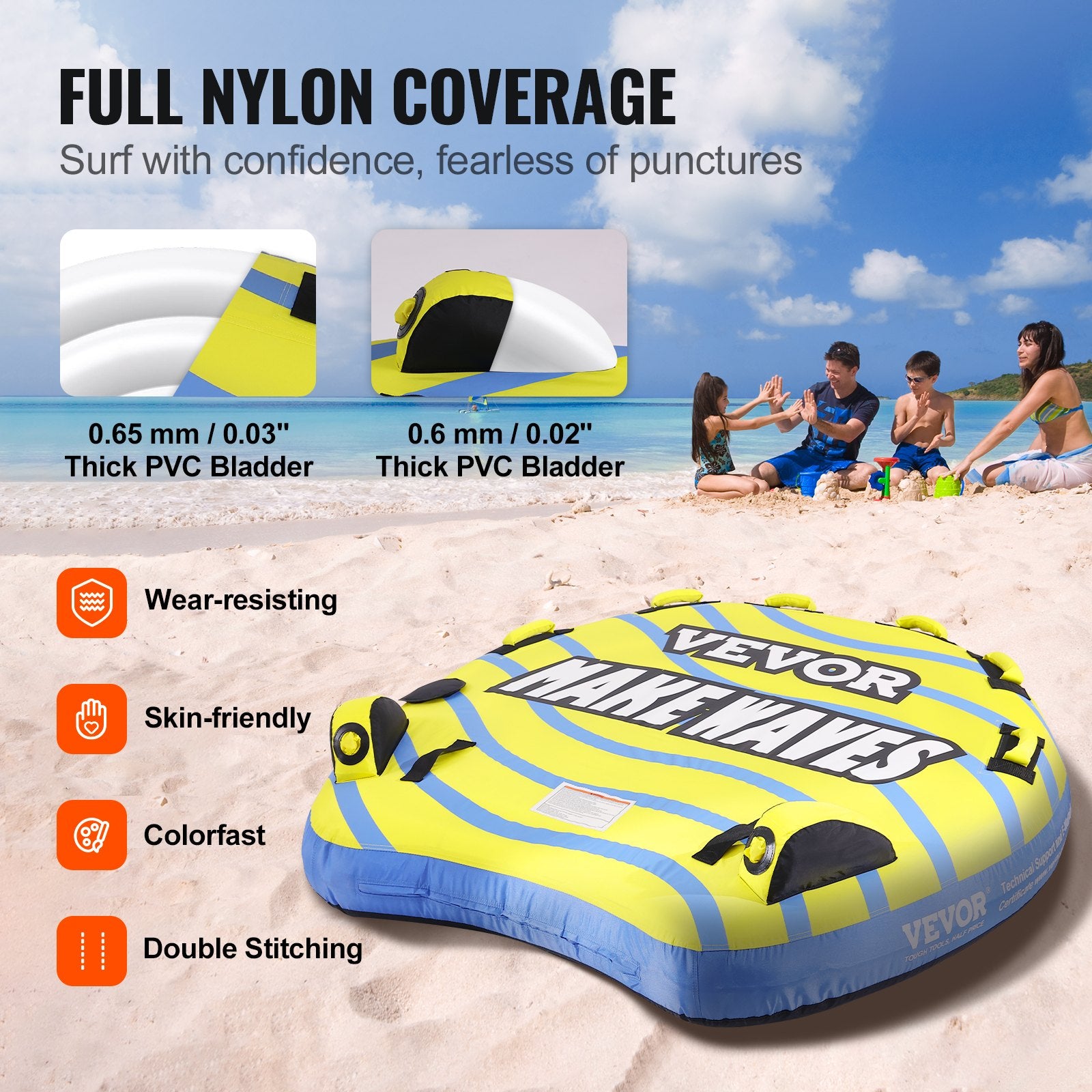 Mobility & Accessibility: VEVOR Towable Tube for Boating, 1-3 Riders Inflatable Towable Tube with Bumper Fins, 510 lbs Water Sport Towable Tubes for Boats to Pull, Full Nylon Cover, EVA Grab Handles and Speed Safety Valve