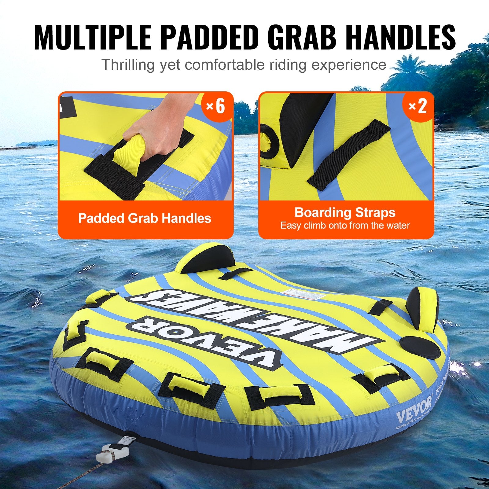 Mobility & Accessibility: VEVOR Towable Tube for Boating, 1-3 Riders Inflatable Towable Tube with Bumper Fins, 510 lbs Water Sport Towable Tubes for Boats to Pull, Full Nylon Cover, EVA Grab Handles and Speed Safety Valve
