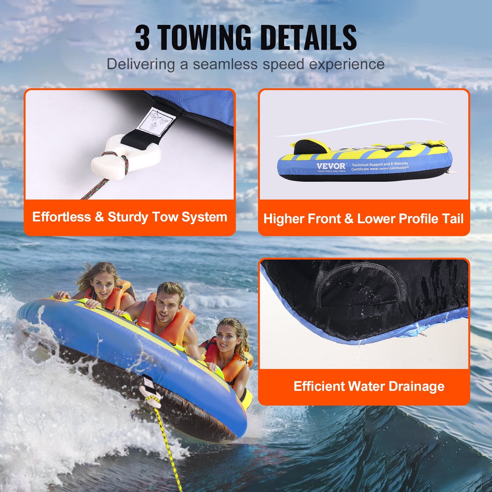 Mobility & Accessibility: VEVOR Towable Tube for Boating, 1-3 Riders Inflatable Towable Tube with Bumper Fins, 510 lbs Water Sport Towable Tubes for Boats to Pull, Full Nylon Cover, EVA Grab Handles and Speed Safety Valve