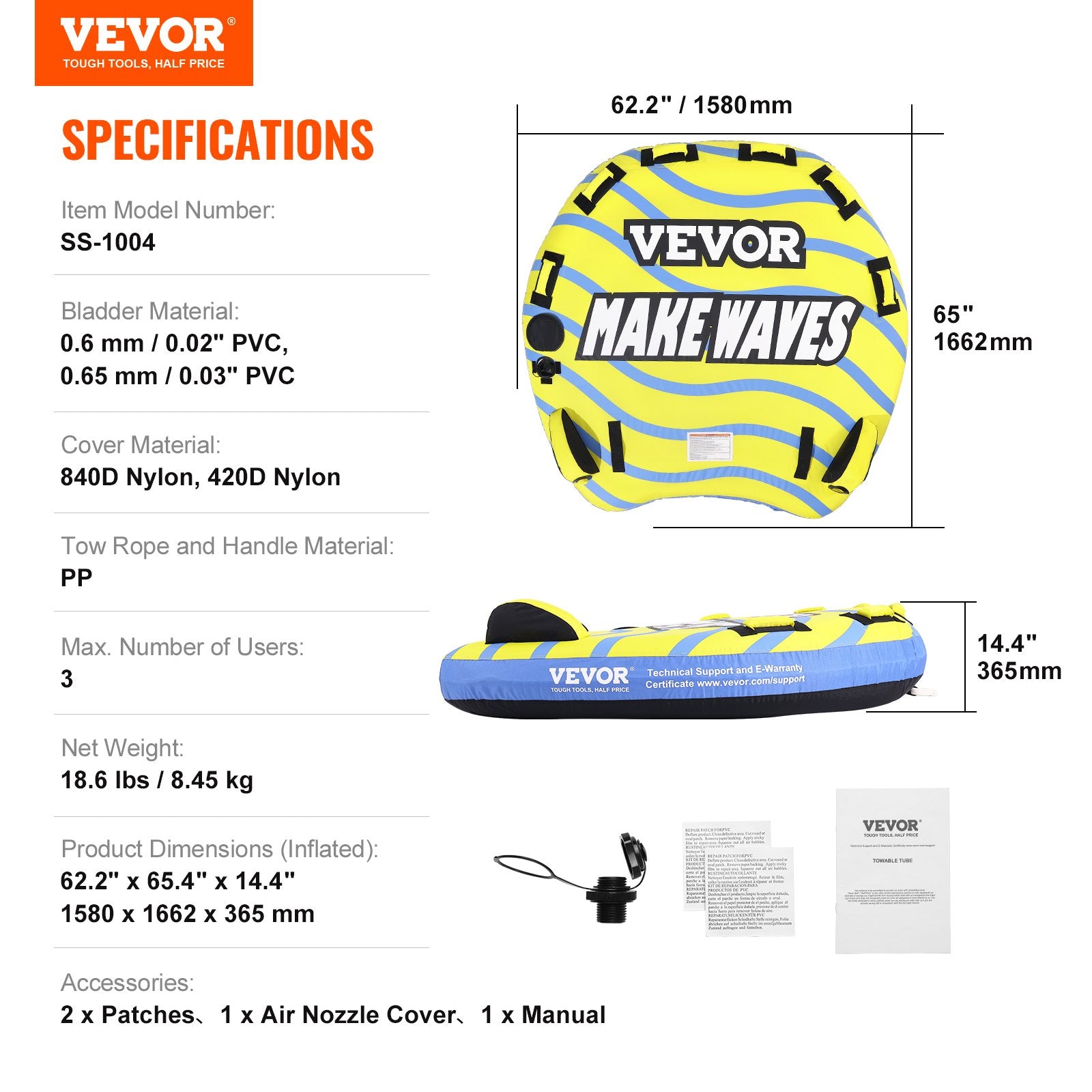 Mobility & Accessibility: VEVOR Towable Tube for Boating, 1-3 Riders Inflatable Towable Tube with Bumper Fins, 510 lbs Water Sport Towable Tubes for Boats to Pull, Full Nylon Cover, EVA Grab Handles and Speed Safety Valve