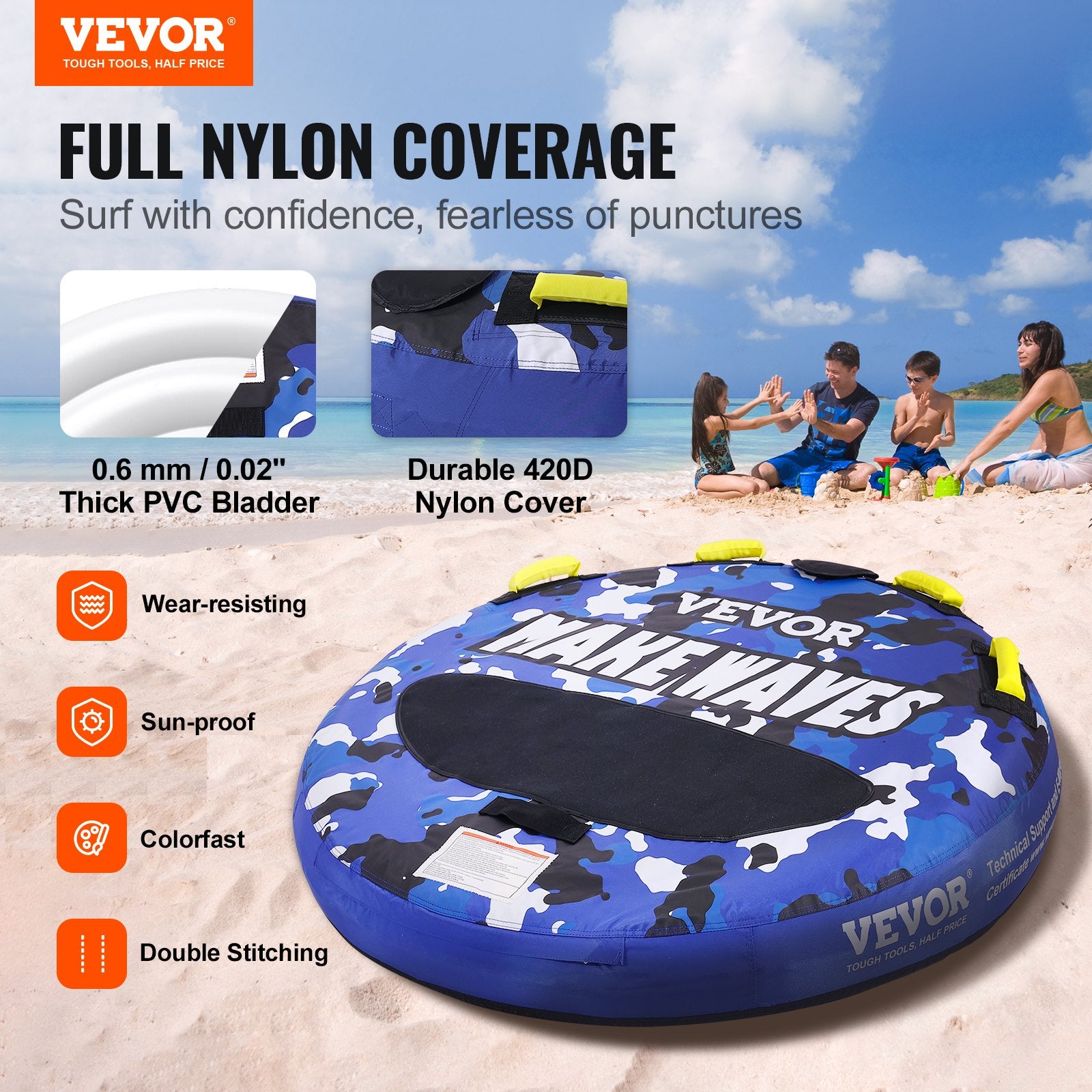 Rowing Boats: VEVOR Towable Tube for Boating, 1-2 Riders Inflatable Boat Tubes and Towables, 340 lbs, 51.8" Round Water Sport Towable Tube for Boat to Pull, Full Nylon Cover, EVA Grab Handles and Speed Safety Valve