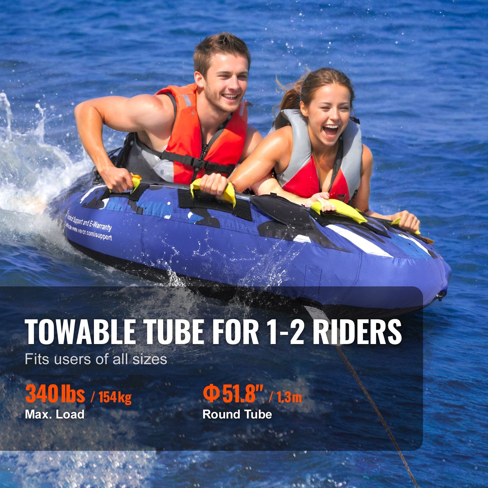 Rowing Boats: VEVOR Towable Tube for Boating, 1-2 Riders Inflatable Boat Tubes and Towables, 340 lbs, 51.8" Round Water Sport Towable Tube for Boat to Pull, Full Nylon Cover, EVA Grab Handles and Speed Safety Valve