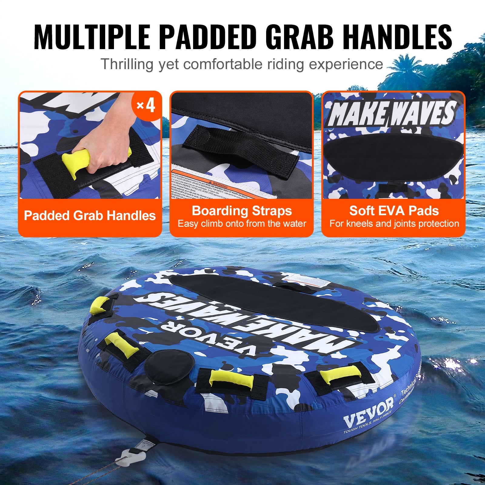 Rowing Boats: VEVOR Towable Tube for Boating, 1-2 Riders Inflatable Boat Tubes and Towables, 340 lbs, 51.8" Round Water Sport Towable Tube for Boat to Pull, Full Nylon Cover, EVA Grab Handles and Speed Safety Valve