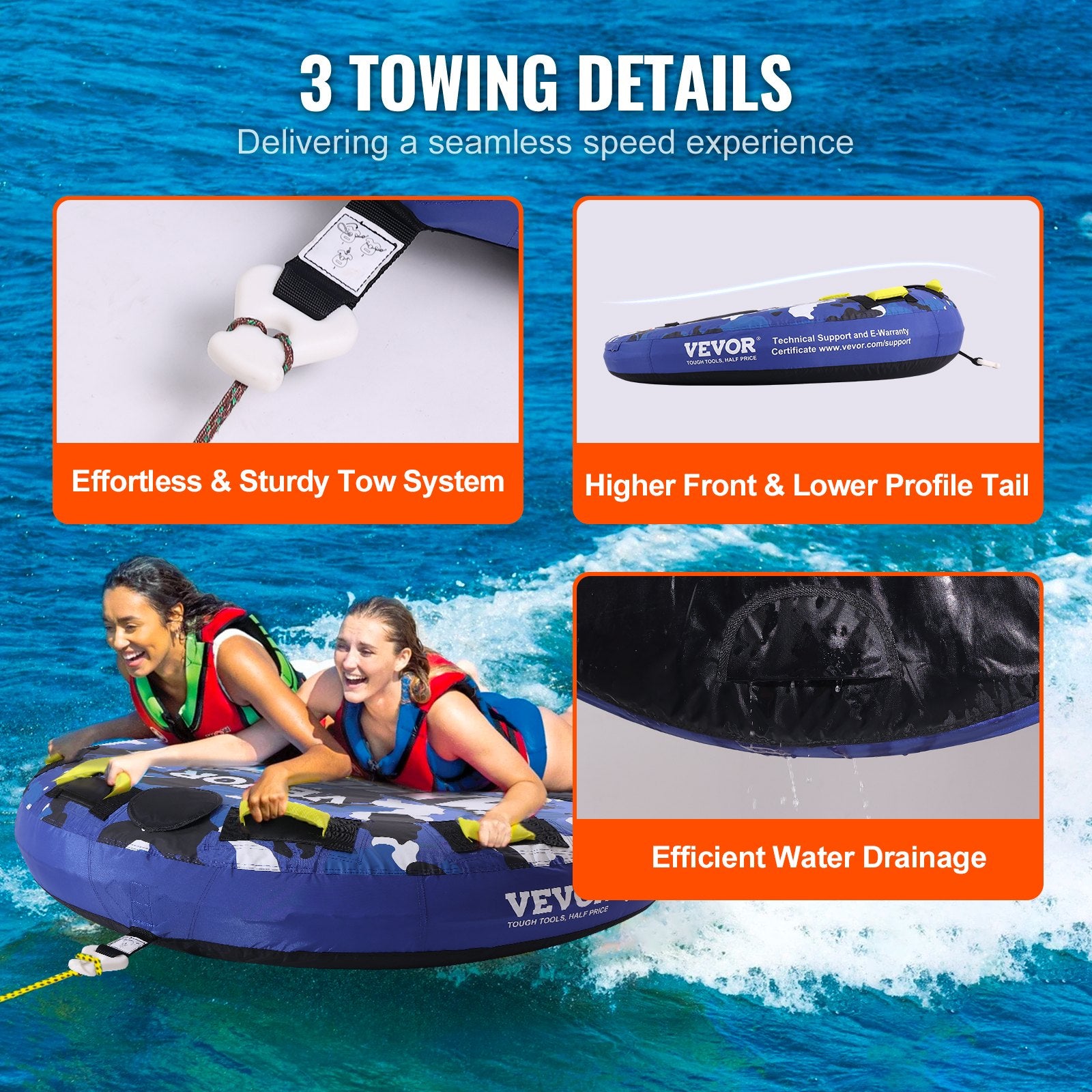 Rowing Boats: VEVOR Towable Tube for Boating, 1-2 Riders Inflatable Boat Tubes and Towables, 340 lbs, 51.8" Round Water Sport Towable Tube for Boat to Pull, Full Nylon Cover, EVA Grab Handles and Speed Safety Valve