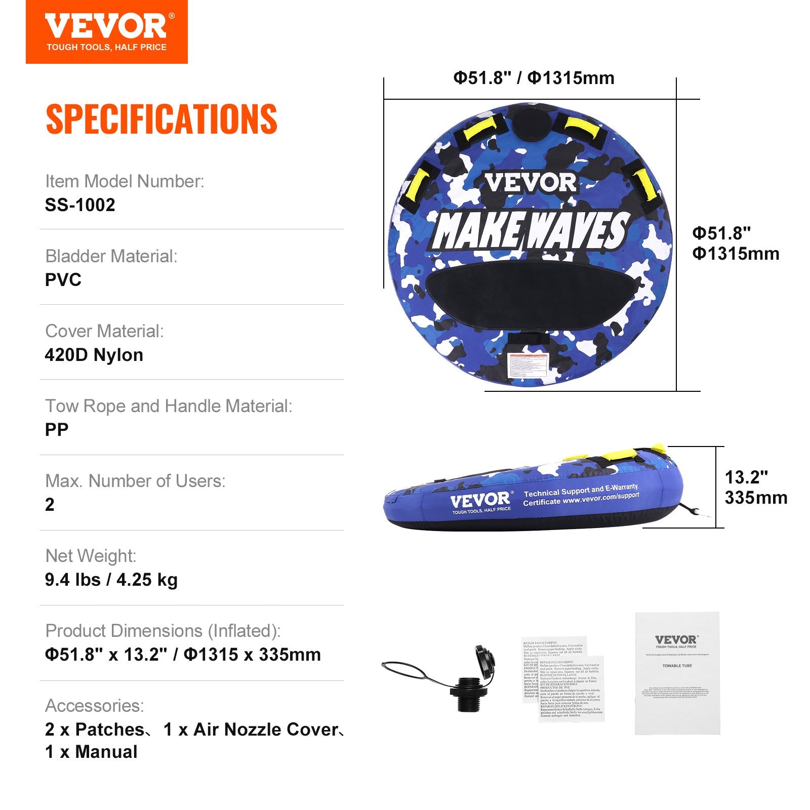 Rowing Boats: VEVOR Towable Tube for Boating, 1-2 Riders Inflatable Boat Tubes and Towables, 340 lbs, 51.8" Round Water Sport Towable Tube for Boat to Pull, Full Nylon Cover, EVA Grab Handles and Speed Safety Valve