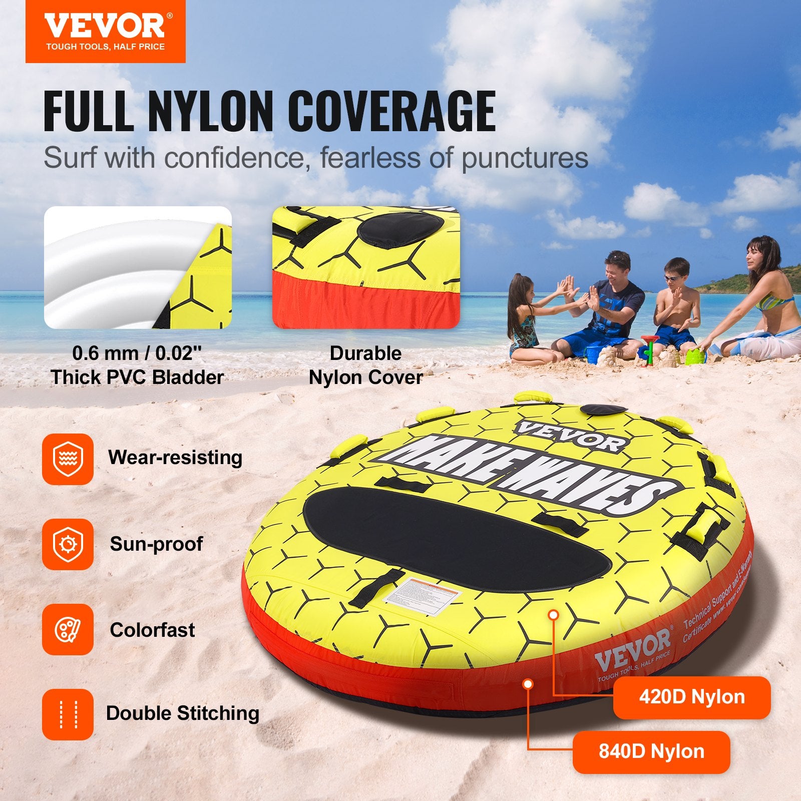 Rowing Boats: VEVOR Towable Tube for Boating, 1-3 Riders Inflatable Boat Tubes and Towables, 510 lbs, 63" Round Water Sport Towable Tubes for Boats to Pull, Full Nylon Cover, EVA Grab Handles and Speed Safety Valve