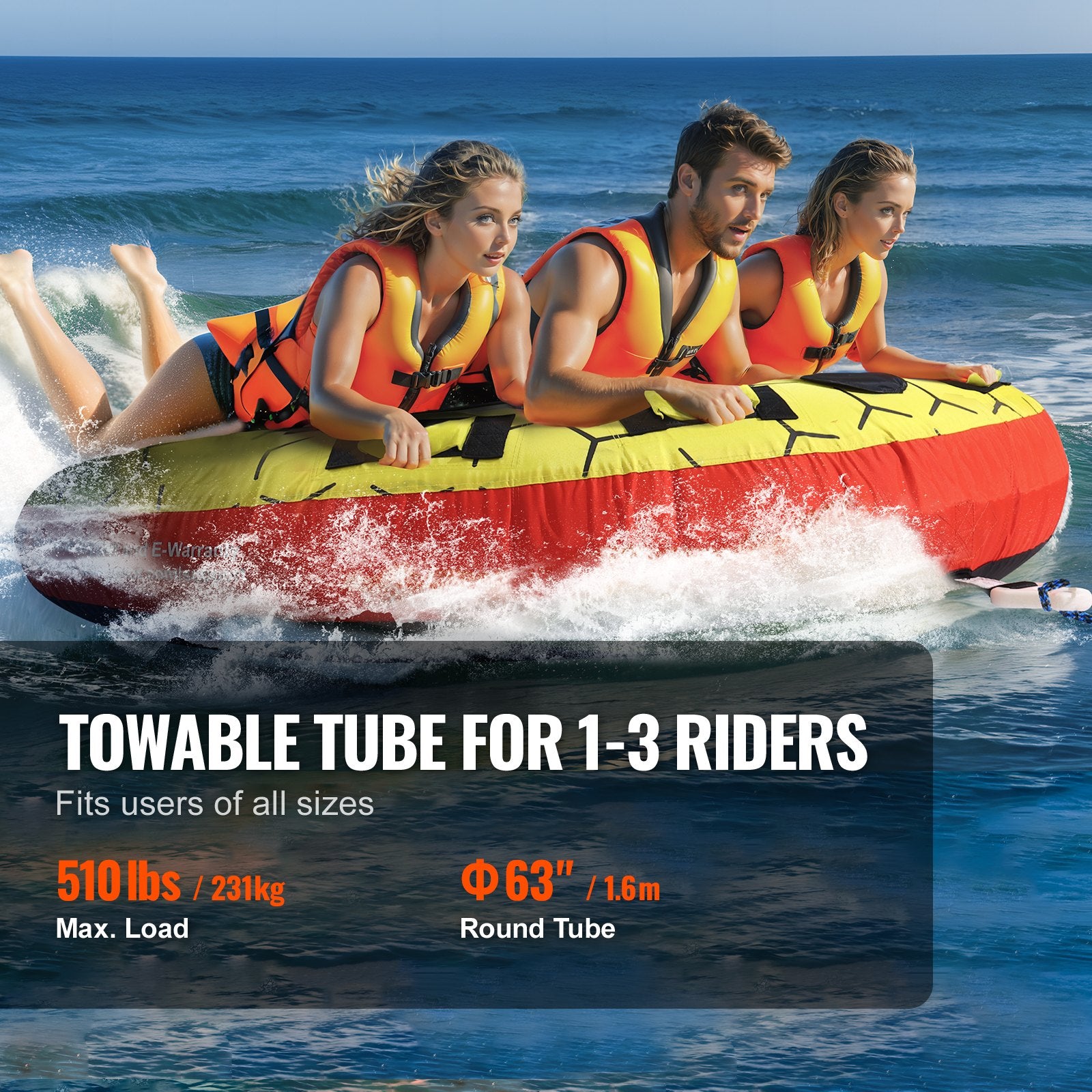 Rowing Boats: VEVOR Towable Tube for Boating, 1-3 Riders Inflatable Boat Tubes and Towables, 510 lbs, 63" Round Water Sport Towable Tubes for Boats to Pull, Full Nylon Cover, EVA Grab Handles and Speed Safety Valve