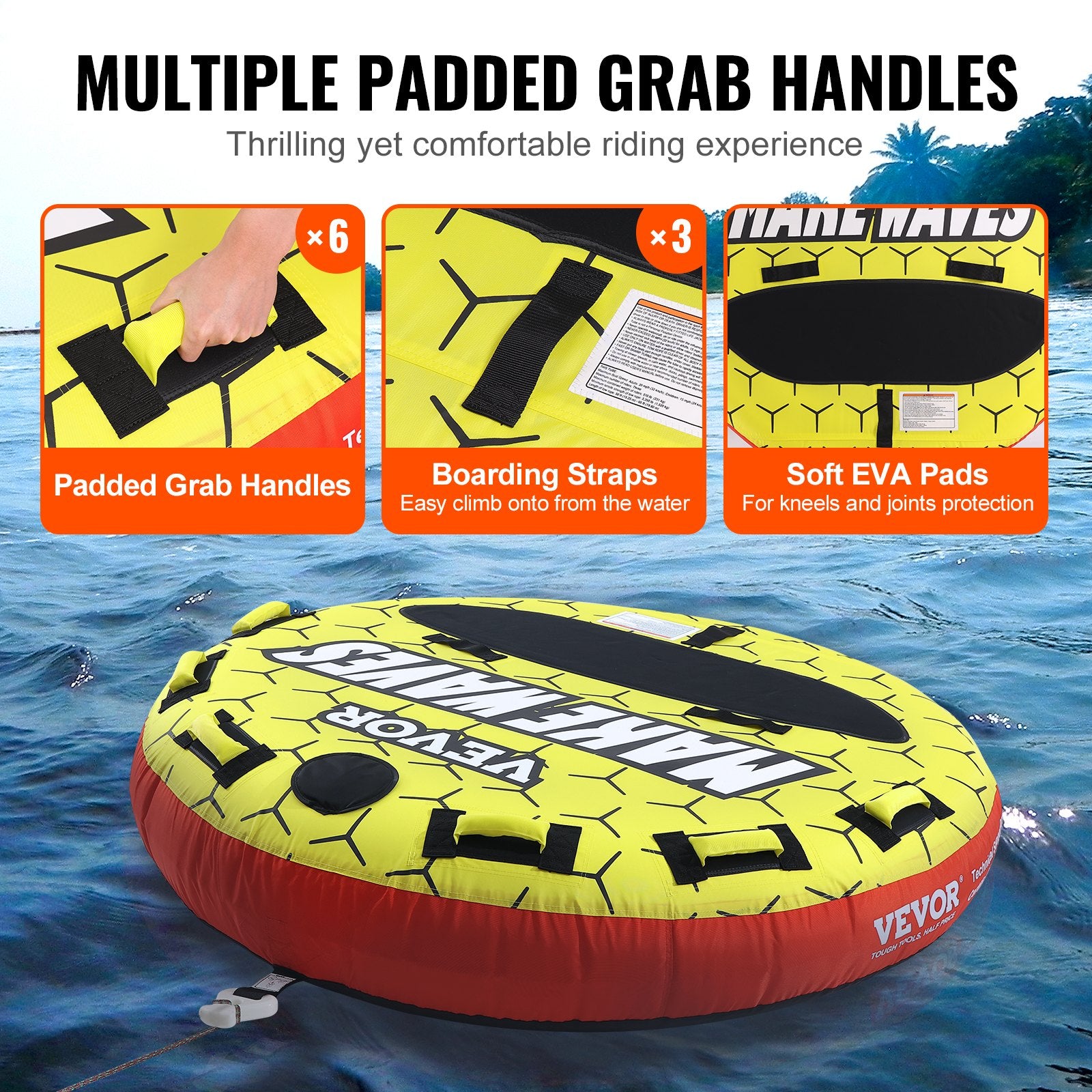 Rowing Boats: VEVOR Towable Tube for Boating, 1-3 Riders Inflatable Boat Tubes and Towables, 510 lbs, 63" Round Water Sport Towable Tubes for Boats to Pull, Full Nylon Cover, EVA Grab Handles and Speed Safety Valve