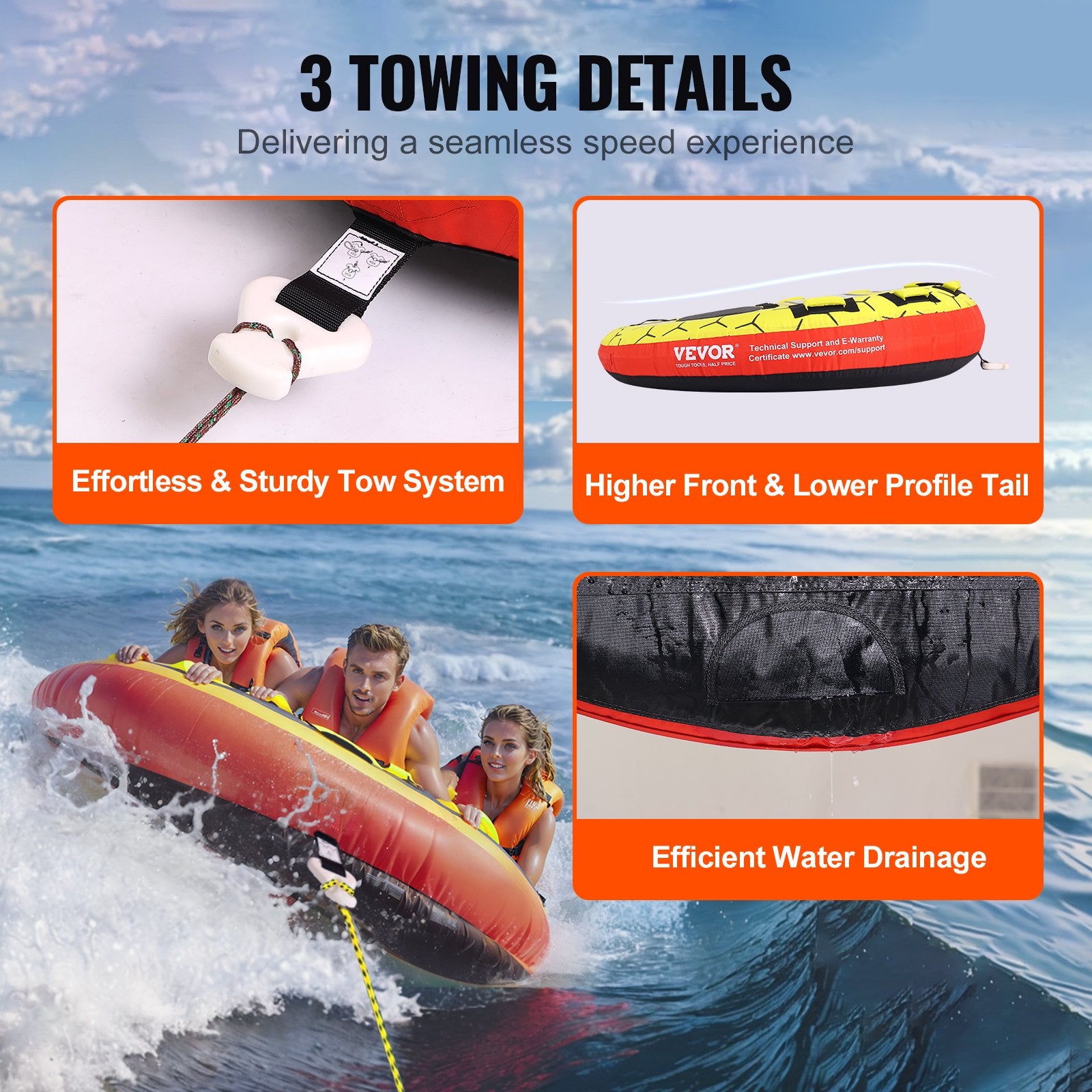 Rowing Boats: VEVOR Towable Tube for Boating, 1-3 Riders Inflatable Boat Tubes and Towables, 510 lbs, 63" Round Water Sport Towable Tubes for Boats to Pull, Full Nylon Cover, EVA Grab Handles and Speed Safety Valve