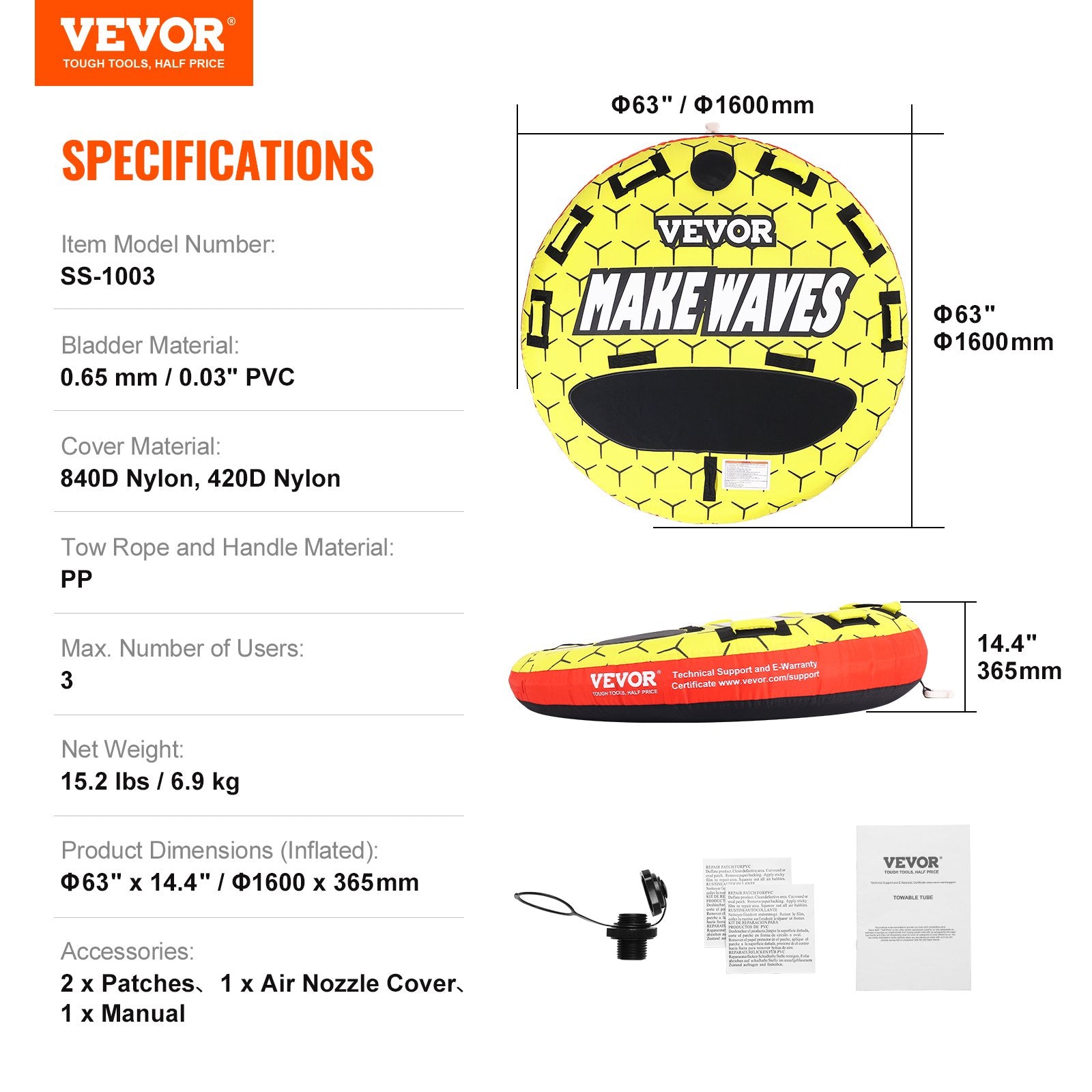 Rowing Boats: VEVOR Towable Tube for Boating, 1-3 Riders Inflatable Boat Tubes and Towables, 510 lbs, 63" Round Water Sport Towable Tubes for Boats to Pull, Full Nylon Cover, EVA Grab Handles and Speed Safety Valve