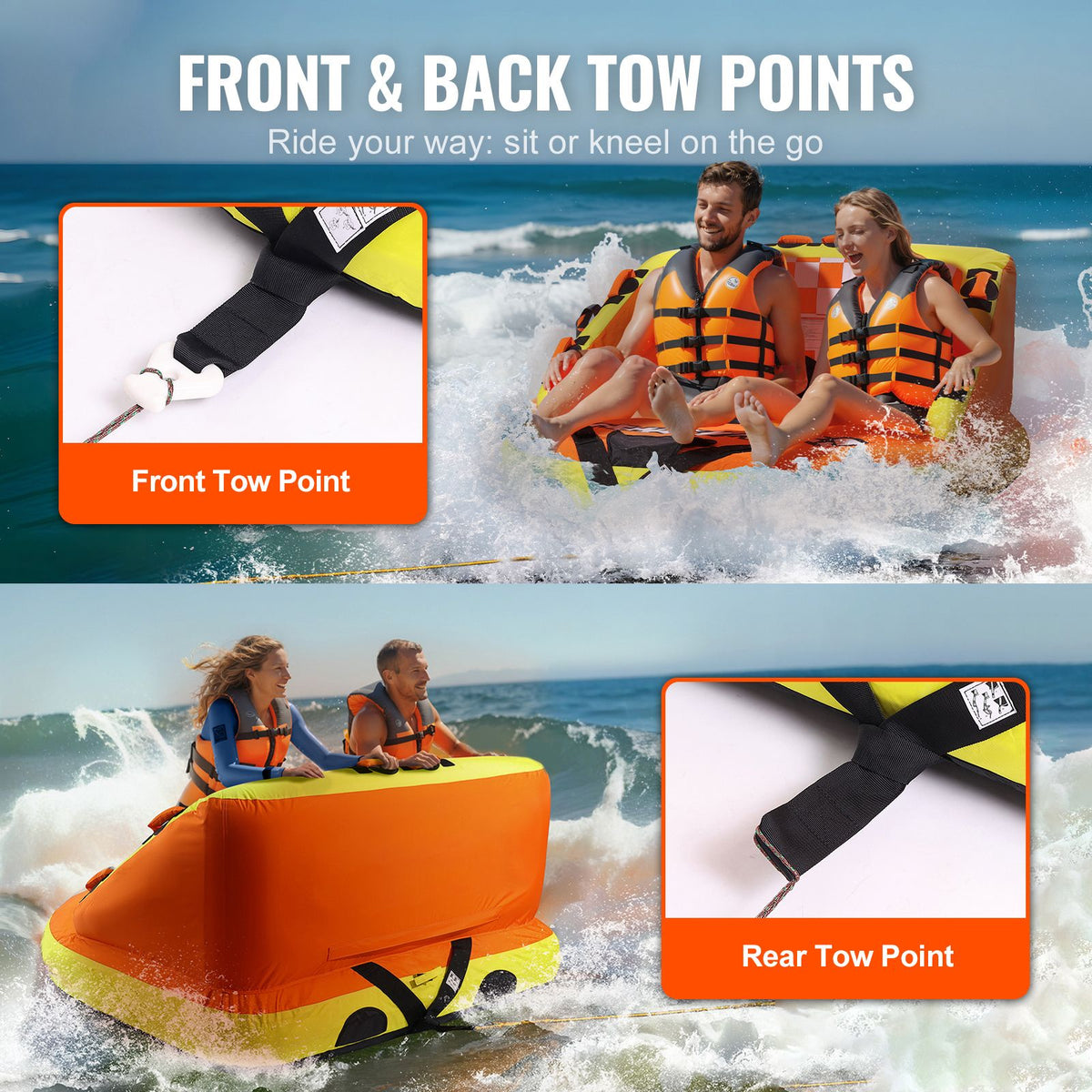 Towable Tube for Boating, 1-2 Riders Inflatable Towable Tubes with Deck Seats and Backrest, 340 lbs Water Sport Tube for Boat to Pull, Full Nylon Cover, EVA Grab Handles and Speed Safety Valve
