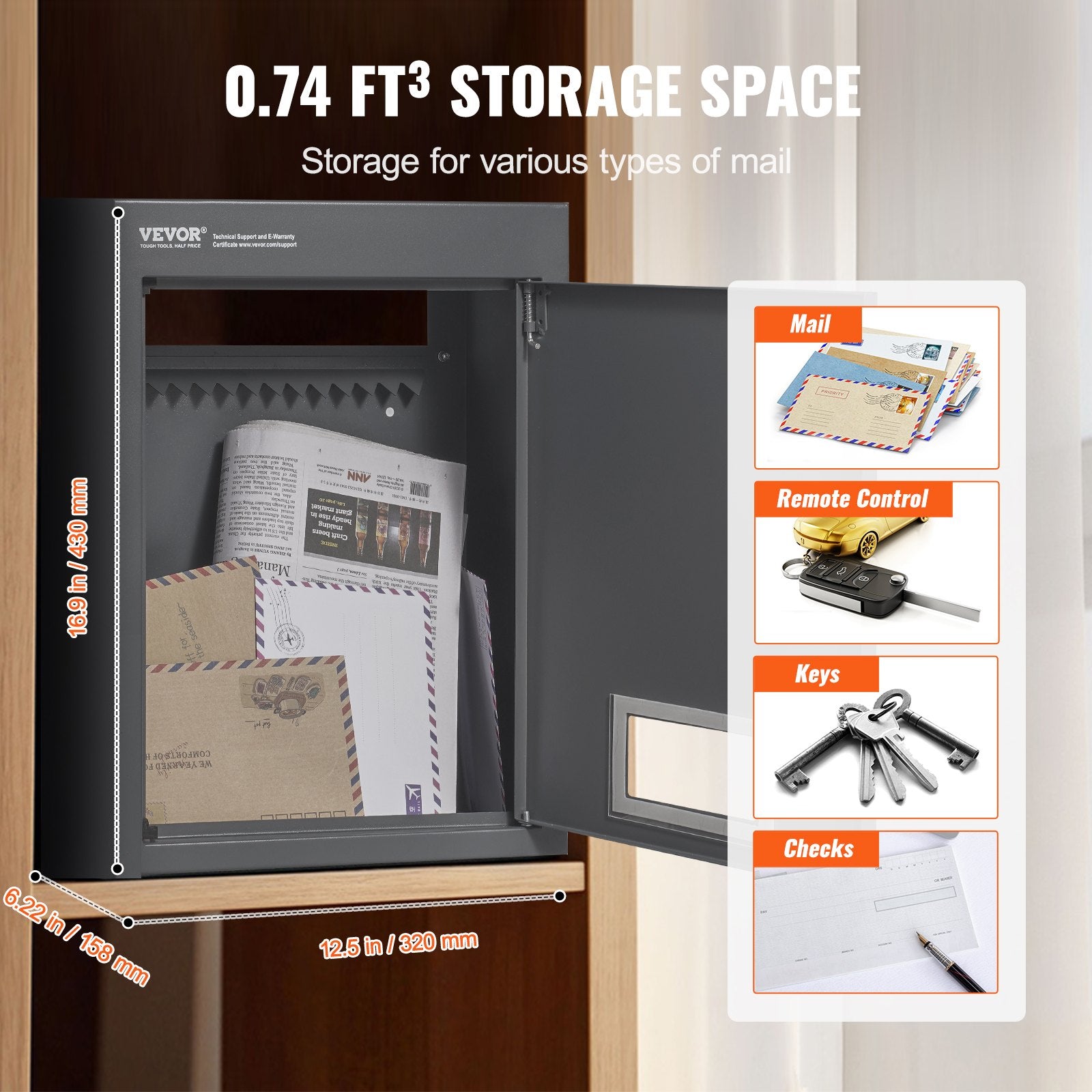 Building Materials: VEVOR Through The Wall Drop Box, Heavy Duty Steel Through the Wall Mailbox with 2.8-7.9" 13" Combination Lock, 12.5x6.3x16.9" Mail Drop Box, Dark Gray