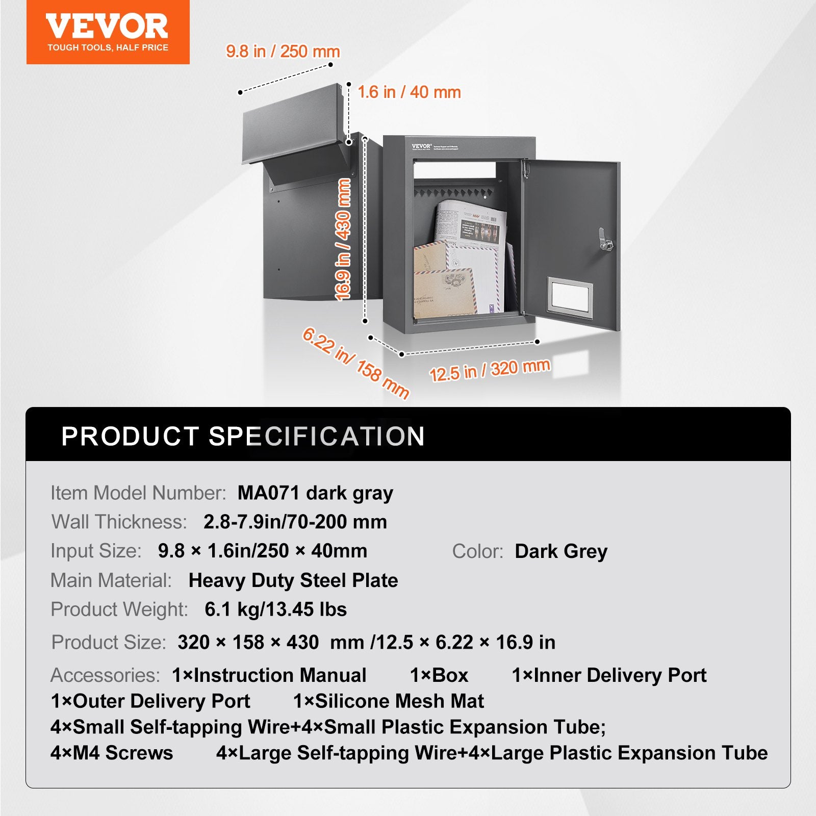 Building Materials: VEVOR Through The Wall Drop Box, Heavy Duty Steel Through the Wall Mailbox with 2.8-7.9" 13" Combination Lock, 12.5x6.3x16.9" Mail Drop Box, Dark Gray