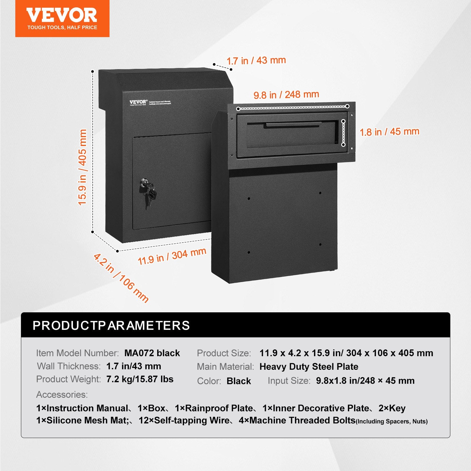 Automotive Repair & Speciality Tools: VEVOR Through The Door Key Drop Box, Heavy Duty Steel Through the Door Mailbox with 1.8" 12" Key Lock, 12x6x16" Mail Drop Box, Black