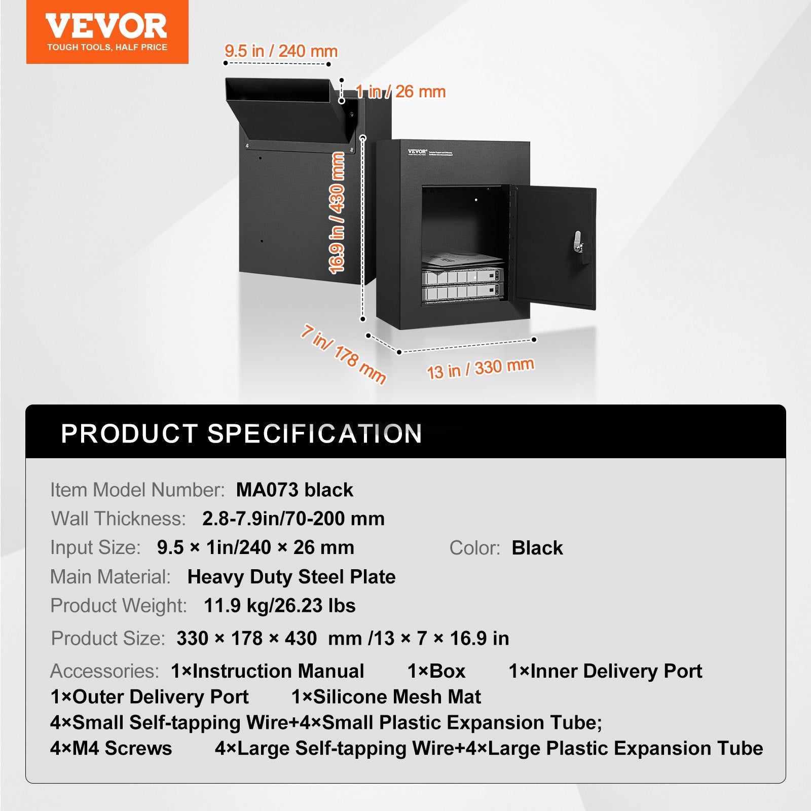 Building Materials: VEVOR Through The Wall Drop Box, Heavy Duty Steel Through the Wall Mailbox with 2.8-7.9" 13" Combination Lock, 13x7x17" Mail Drop Box, Black