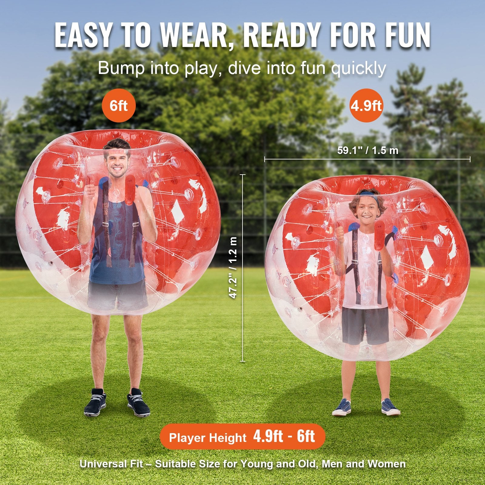 Dog Toys: VEVOR Inflatable Bumper Ball 1-Pack, 5FT/1.5M Body Sumo Zorb Balls for Teen & Adult, 0.8mm Thick PVC Human Hamster Bubble Balls for Outdoor Team Gaming Play, Bumper Bopper Toys for Garden, Yard, Park
