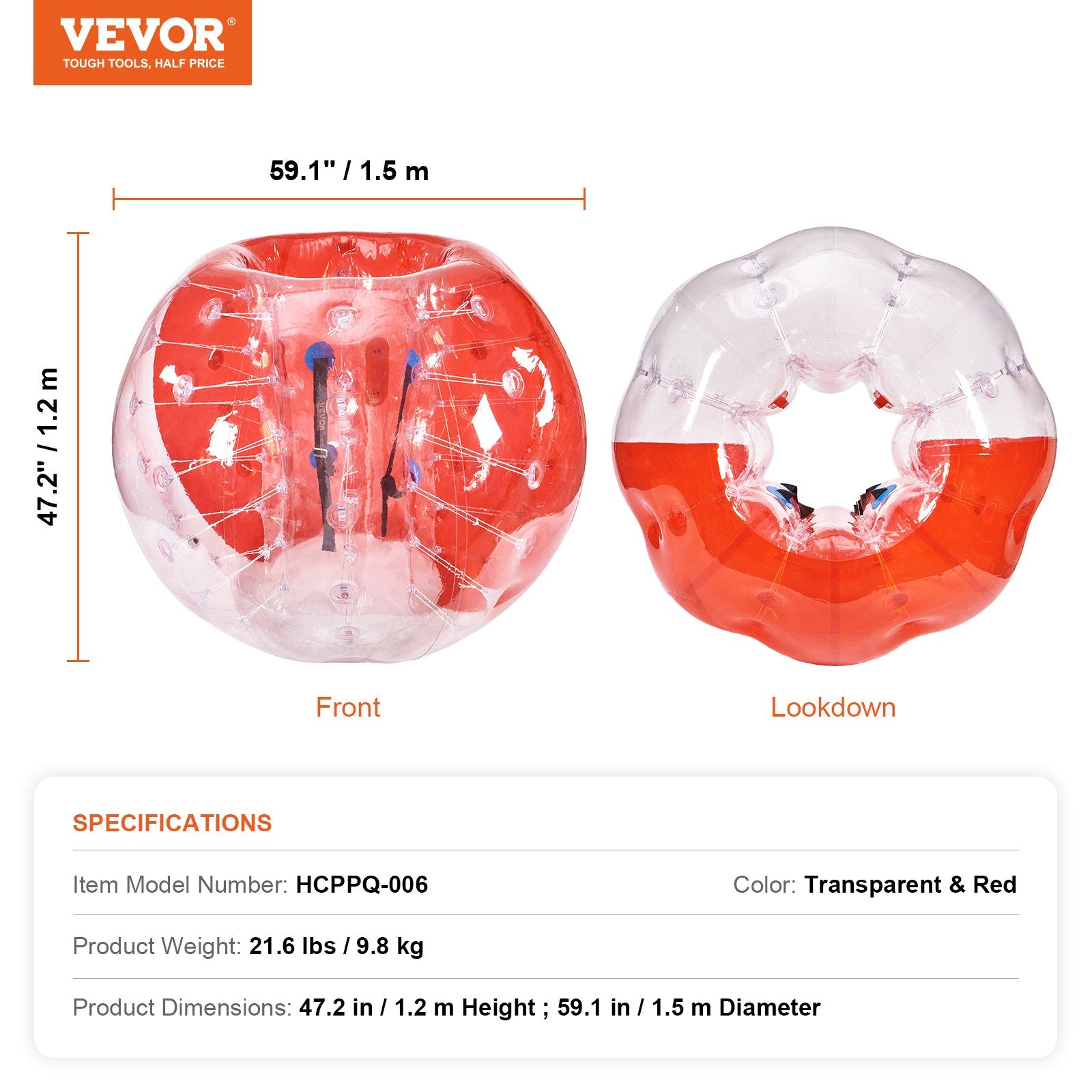 Dog Toys: VEVOR Inflatable Bumper Ball 1-Pack, 5FT/1.5M Body Sumo Zorb Balls for Teen & Adult, 0.8mm Thick PVC Human Hamster Bubble Balls for Outdoor Team Gaming Play, Bumper Bopper Toys for Garden, Yard, Park