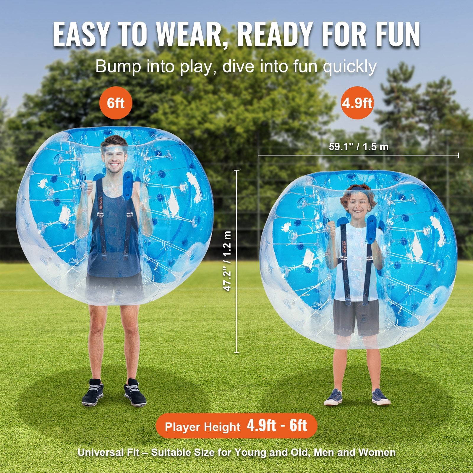 Dog Toys: VEVOR Inflatable Bumper Ball 1-Pack, 5FT/1.5M Body Sumo Zorb Balls for Teen & Adult, 0.8mm Thick PVC Human Hamster Bubble Balls for Outdoor Team Gaming Play, Bumper Bopper Toys for Garden, Yard, Park