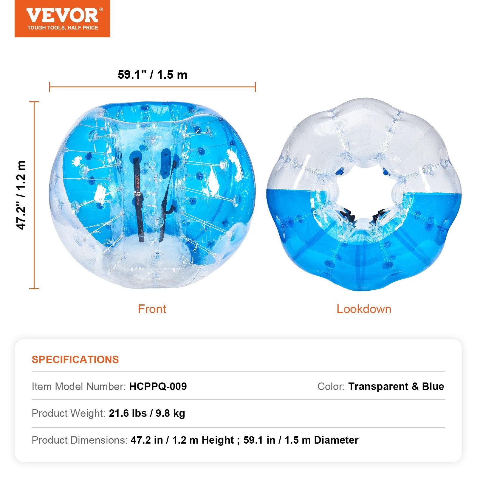 Dog Toys: VEVOR Inflatable Bumper Ball 1-Pack, 5FT/1.5M Body Sumo Zorb Balls for Teen & Adult, 0.8mm Thick PVC Human Hamster Bubble Balls for Outdoor Team Gaming Play, Bumper Bopper Toys for Garden, Yard, Park