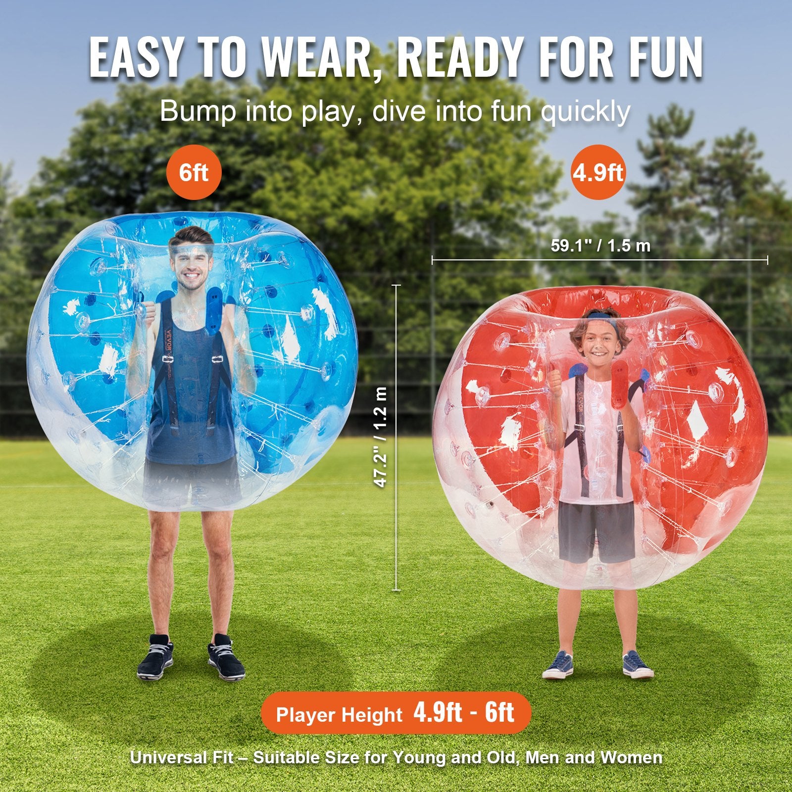Ball Pits & Play Pens: VEVOR Inflatable Bumper Balls 2-Pack, 5FT/1.5M Body Sumo Zorb Balls for Teen & Adult, 0.8mm Thick PVC Human Hamster Bubble Balls for Outdoor Team Gaming Play, Bumper Bopper Toys for Garden, Yard, Park