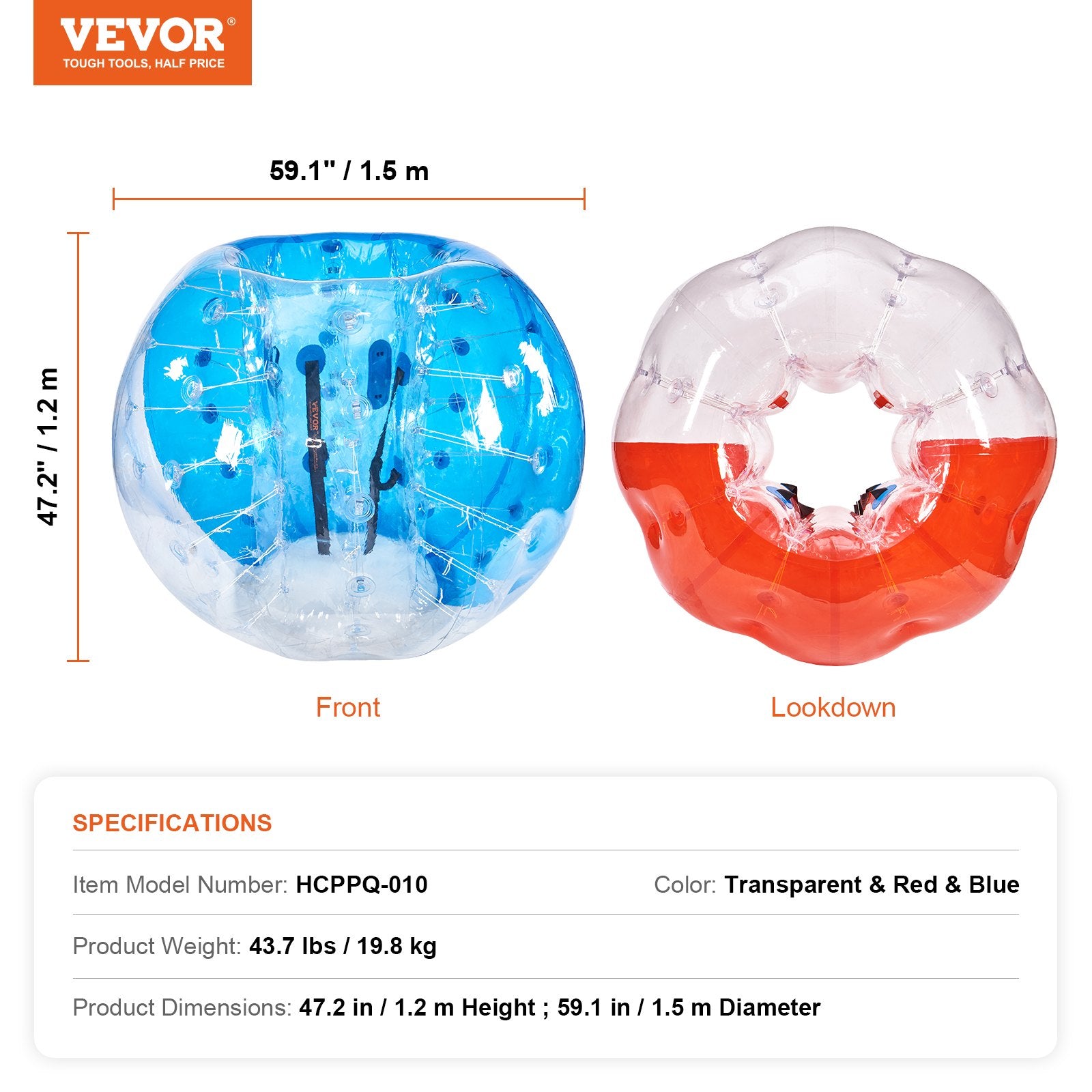 Ball Pits & Play Pens: VEVOR Inflatable Bumper Balls 2-Pack, 5FT/1.5M Body Sumo Zorb Balls for Teen & Adult, 0.8mm Thick PVC Human Hamster Bubble Balls for Outdoor Team Gaming Play, Bumper Bopper Toys for Garden, Yard, Park