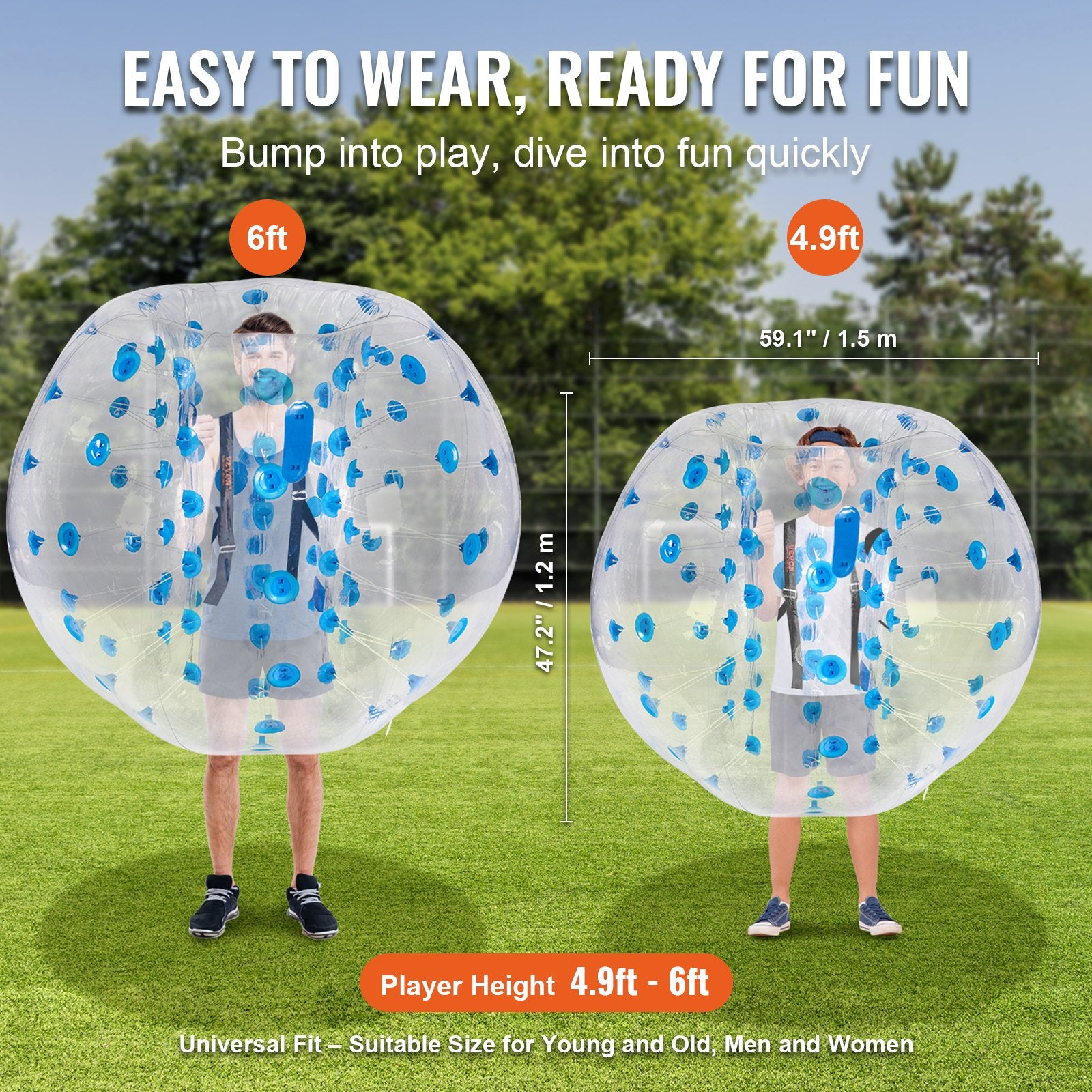 Table Tennis: VEVOR Inflatable Bumper Ball 1-Pack, 5FT/1.5M Body Sumo Zorb Balls for Teen & Adult, 0.8mm Thick PVC Human Hamster Bubble Balls for Outdoor Team Gaming Play, Bumper Bopper Toys for Garden, Yard, Park