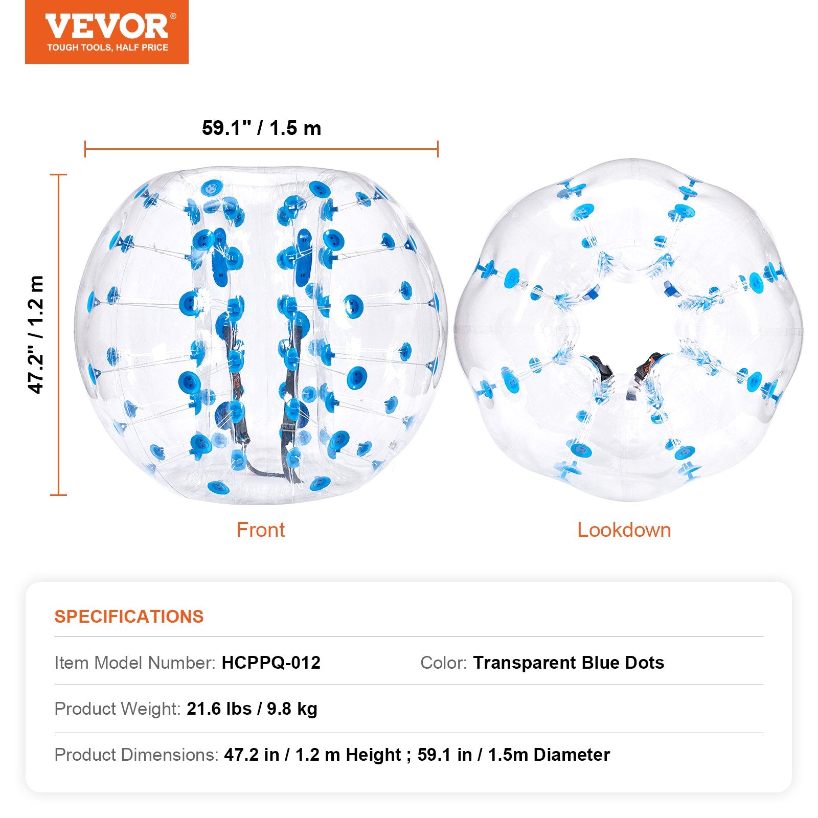 Table Tennis: VEVOR Inflatable Bumper Ball 1-Pack, 5FT/1.5M Body Sumo Zorb Balls for Teen & Adult, 0.8mm Thick PVC Human Hamster Bubble Balls for Outdoor Team Gaming Play, Bumper Bopper Toys for Garden, Yard, Park