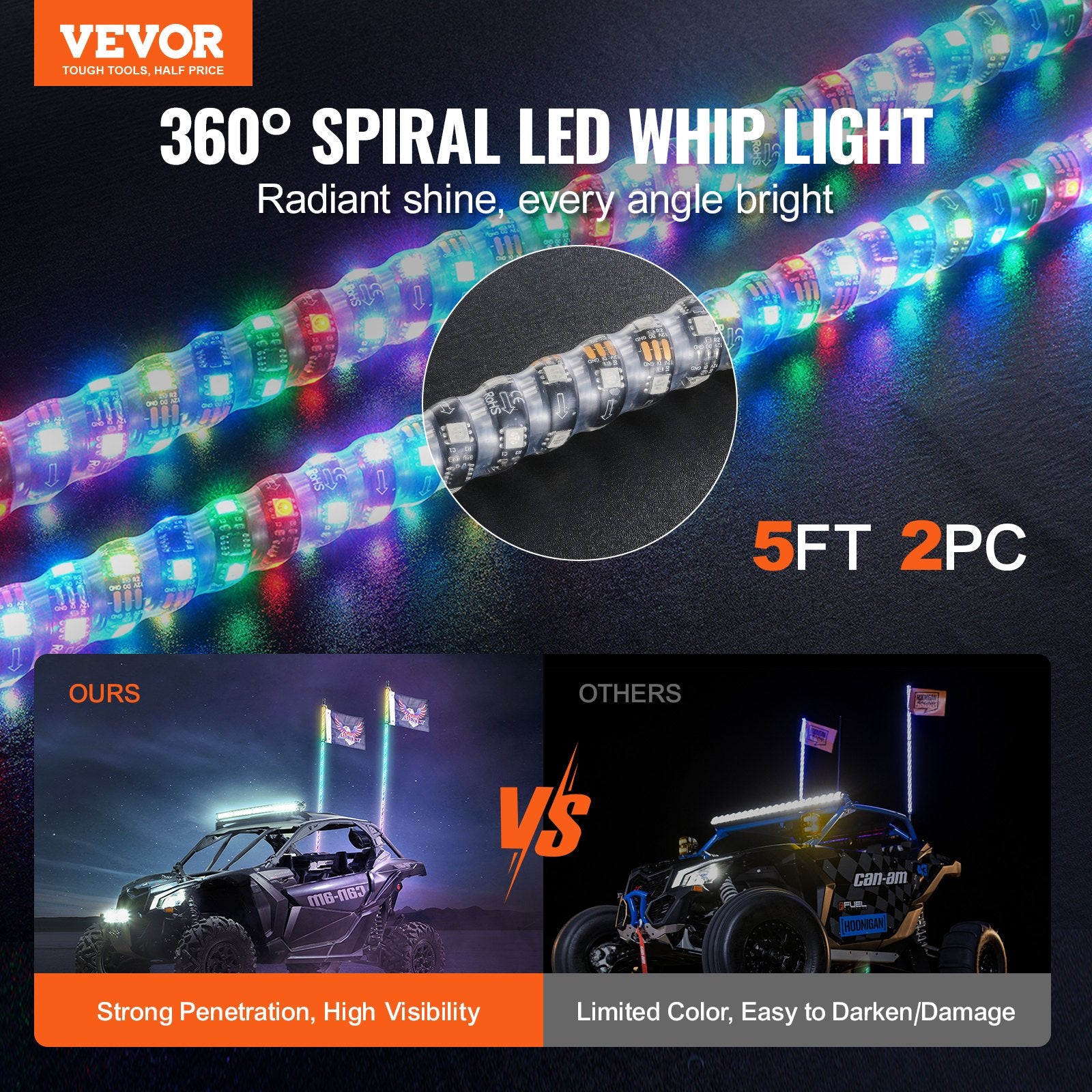 Hoverboards: VEVOR 2 PCS 5 FT Whip Light, APP & RF Remote Control Led Whip Light, Waterproof Spiral RGB Chasing Lighted Whips with 4 Flags, for UTVs, ATVs, Motorcycles, RZR, Can-am, Trucks, Off-road, Go-karts