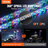 Hoverboards: VEVOR 2 PCS 5 FT Whip Light, APP & RF Remote Control Led Whip Light, Waterproof Spiral RGB Chasing Lighted Whips with 4 Flags, for UTVs, ATVs, Motorcycles, RZR, Can-am, Trucks, Off-road, Go-karts