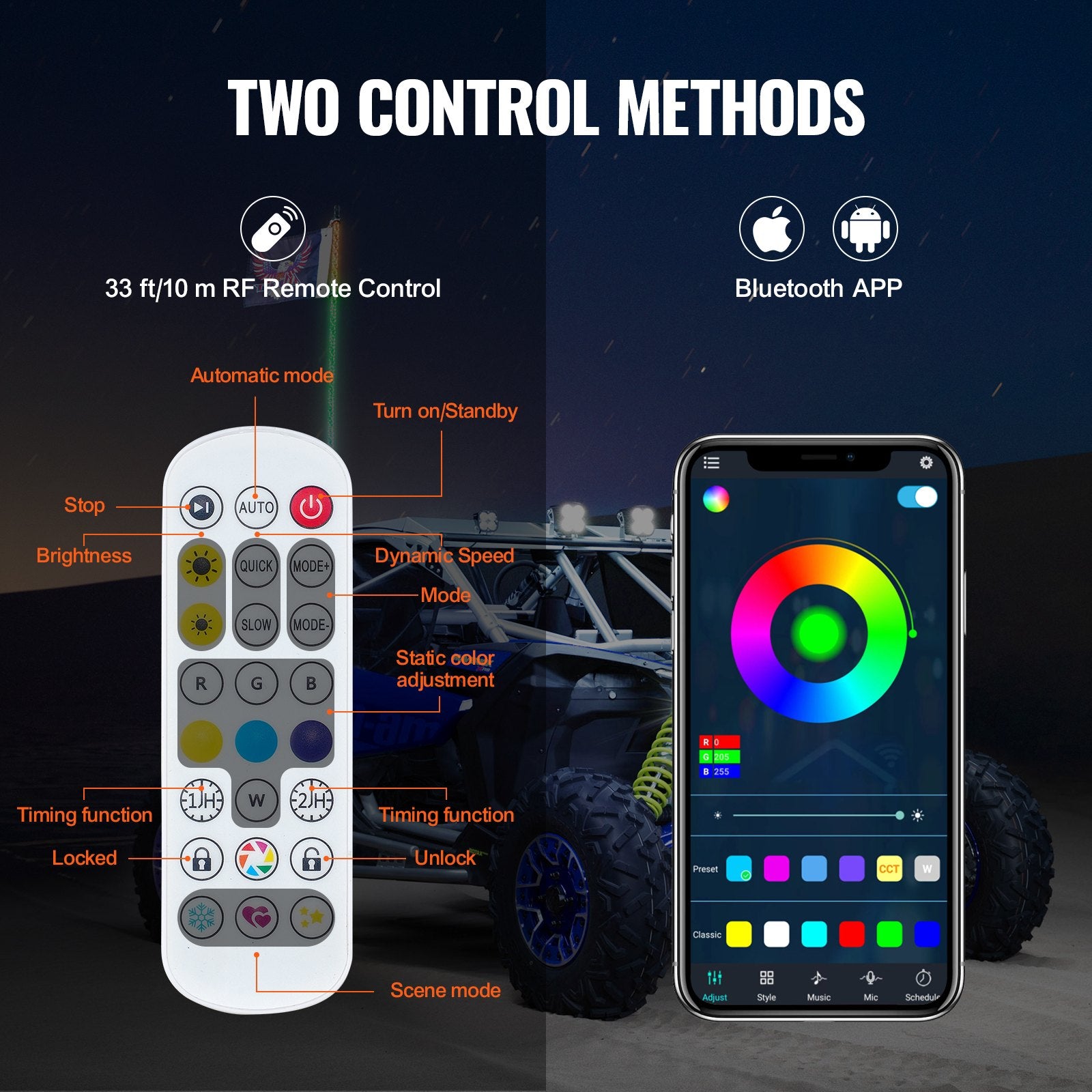 Hoverboards: VEVOR 2 PCS 5 FT Whip Light, APP & RF Remote Control Led Whip Light, Waterproof Spiral RGB Chasing Lighted Whips with 4 Flags, for UTVs, ATVs, Motorcycles, RZR, Can-am, Trucks, Off-road, Go-karts