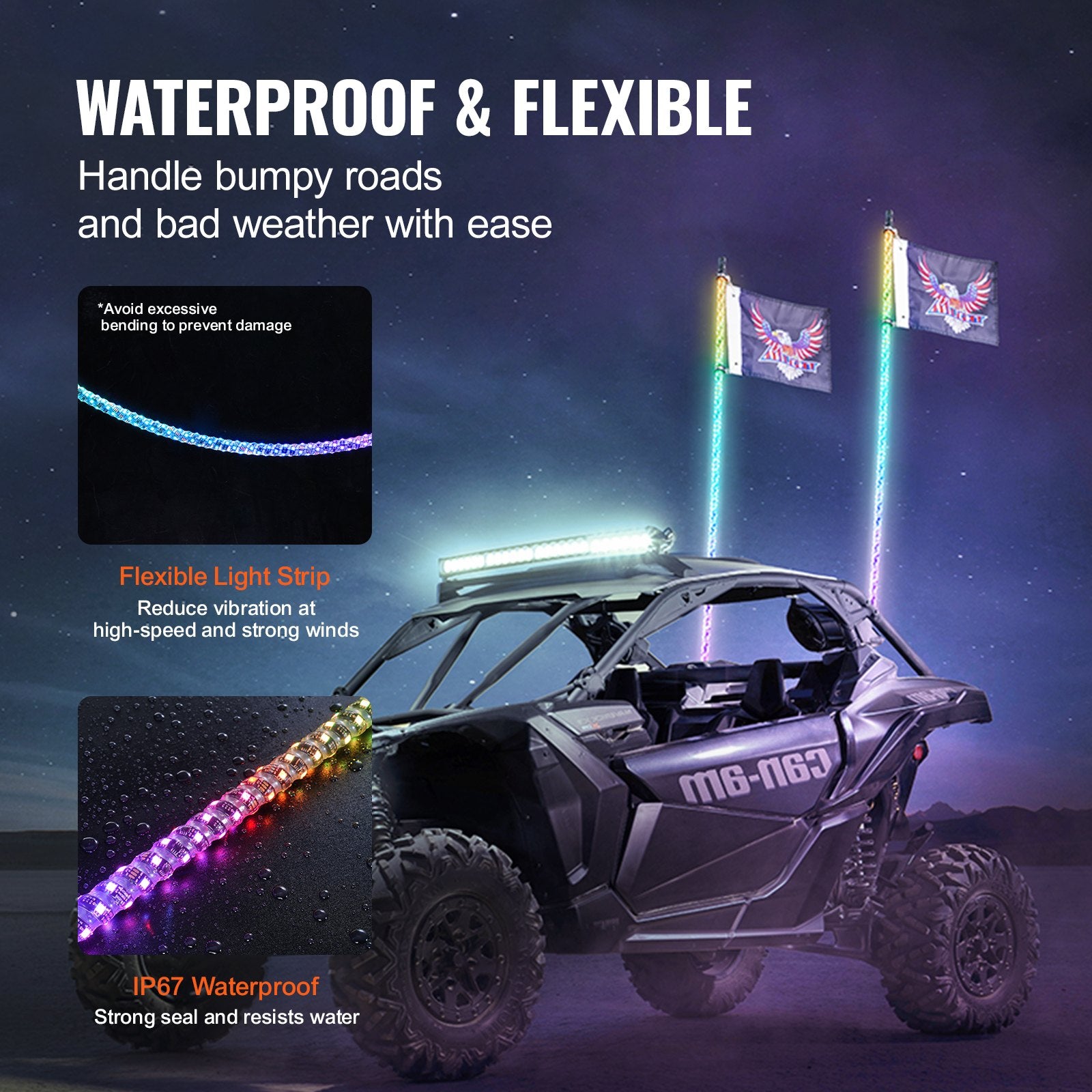 Hoverboards: VEVOR 2 PCS 5 FT Whip Light, APP & RF Remote Control Led Whip Light, Waterproof Spiral RGB Chasing Lighted Whips with 4 Flags, for UTVs, ATVs, Motorcycles, RZR, Can-am, Trucks, Off-road, Go-karts