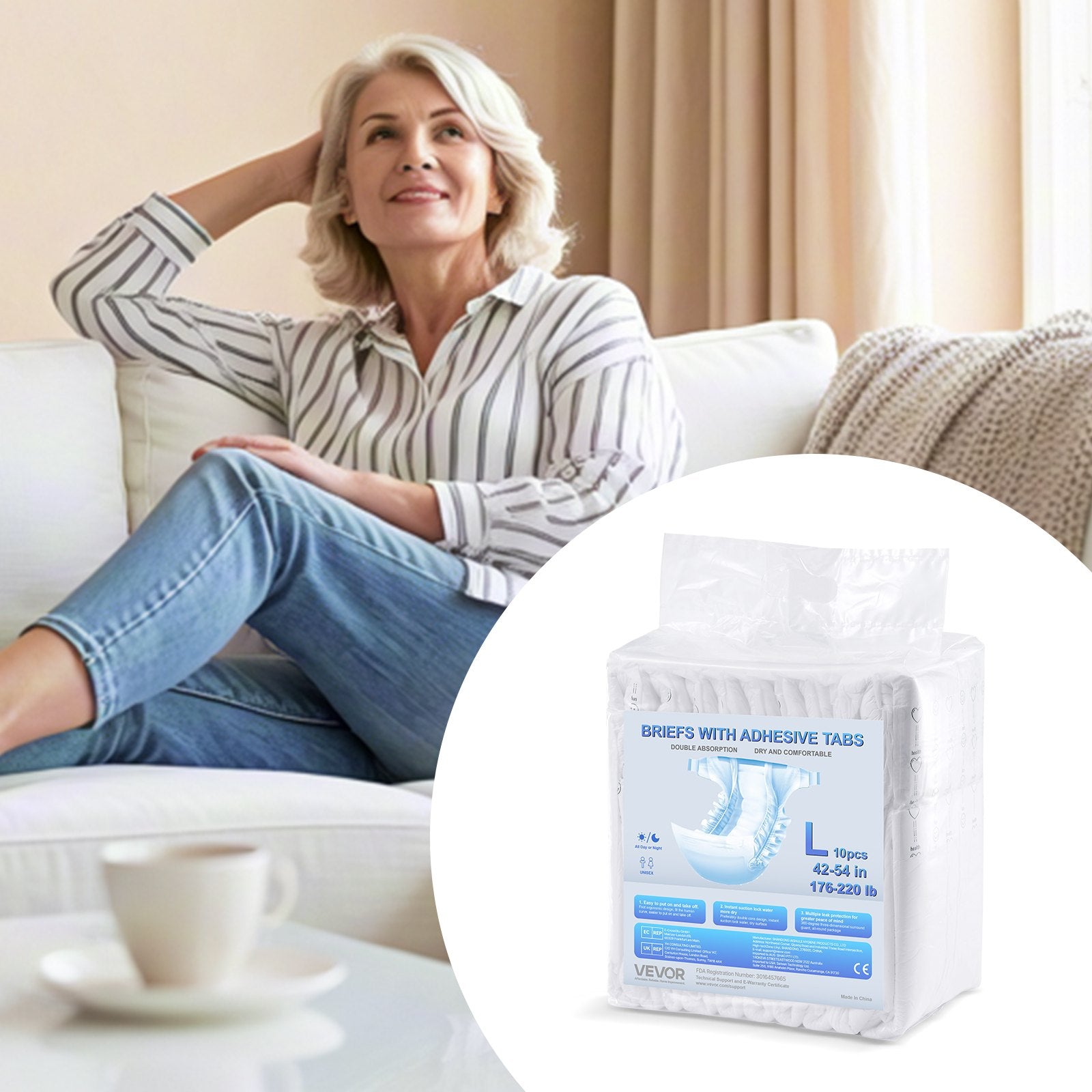 Feminine Sanitary Supplies: VEVOR Adult Briefs with Adhesive Tabs Incontinence Briefs for Men Women L Size