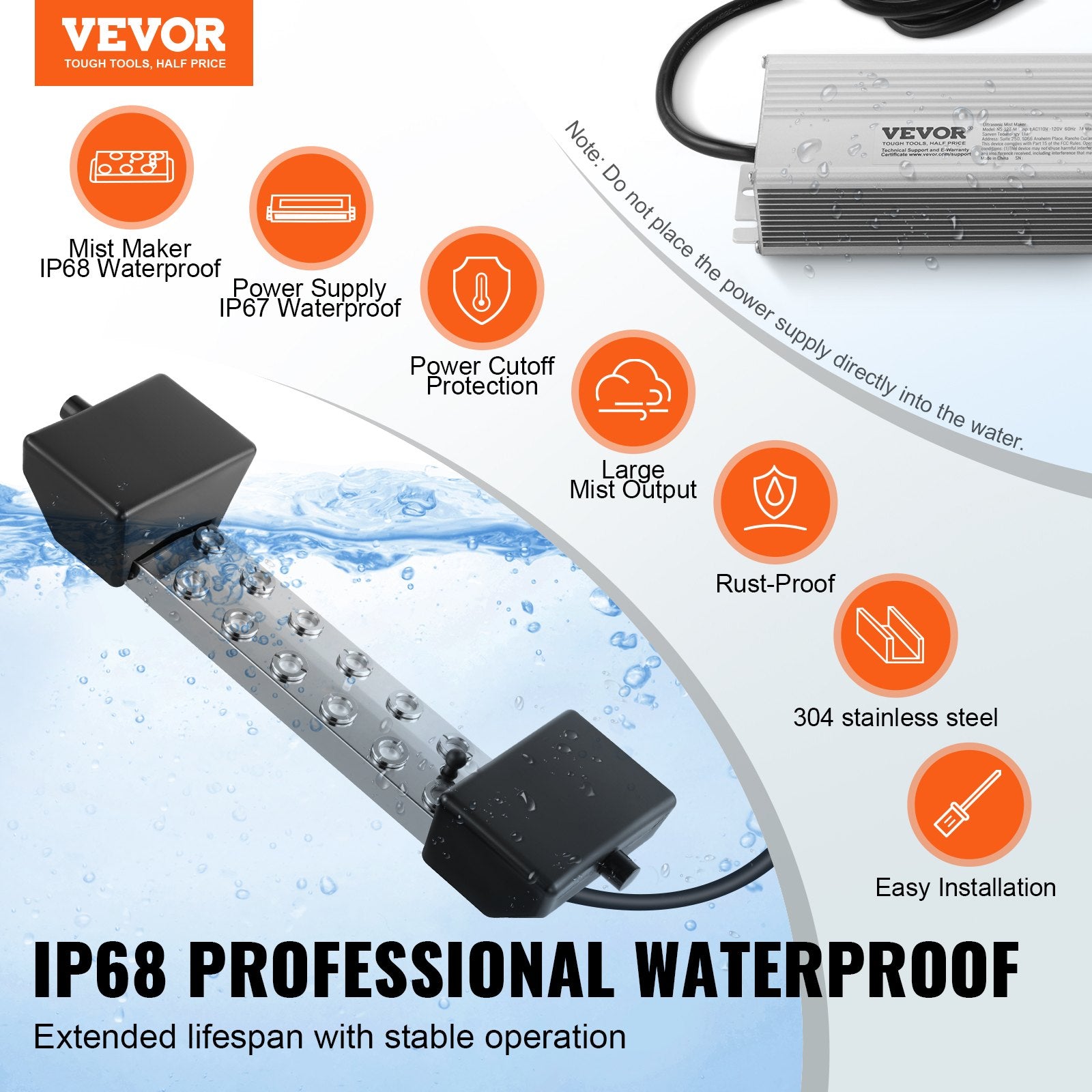 Ultrasonic Mist Maker 12 Head, 9000mL/H Ultrasonic Fogger, Mist Maker with 300W IP67 Waterproof Power Supply, Buoy, Replacement Discs, for Pond, Garden, Rockery, Greenhouse, Halloween Decoration