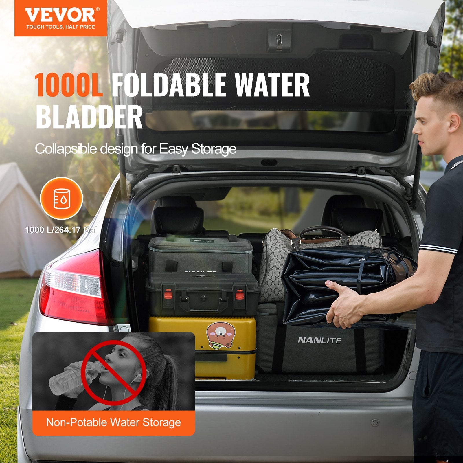 Portable Toilets & Showers: VEVOR Portable Water Storage Bladder 264 Gal PVC Collapsible Water Tank Black