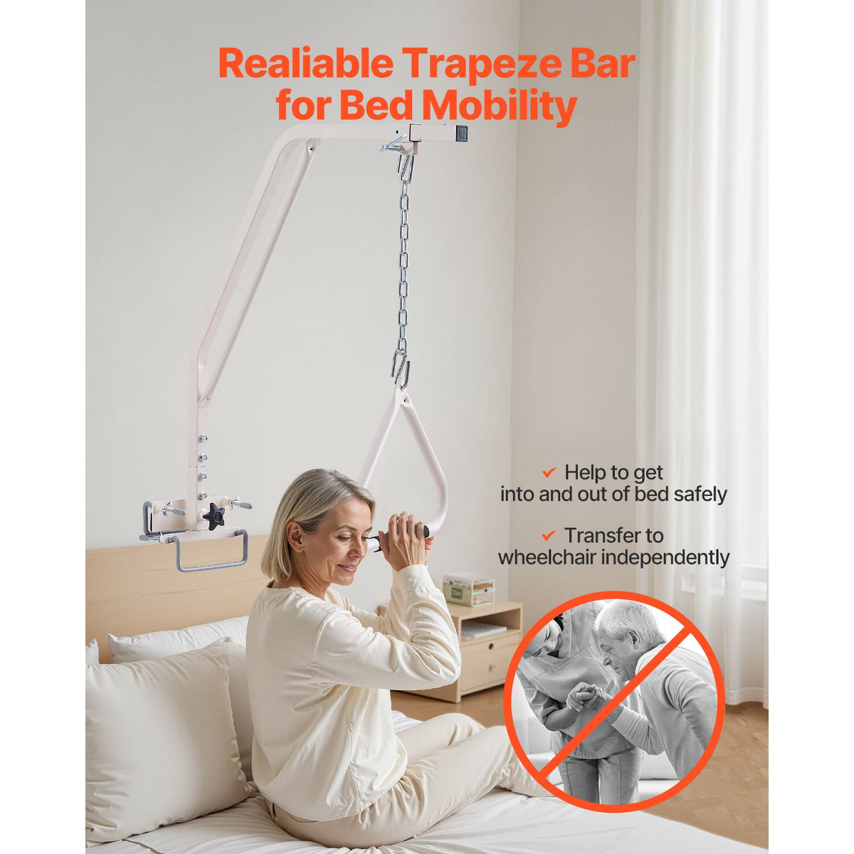 Trapeze Bar for Bed Mobility, Medical Bed Trapeze with Clamps & Metal Chain, 250LBS Weight Capacity Pull Up Assist Bar for Elderly & Disabled, Ideal for Home Care, Hospitals, Nursing Homes