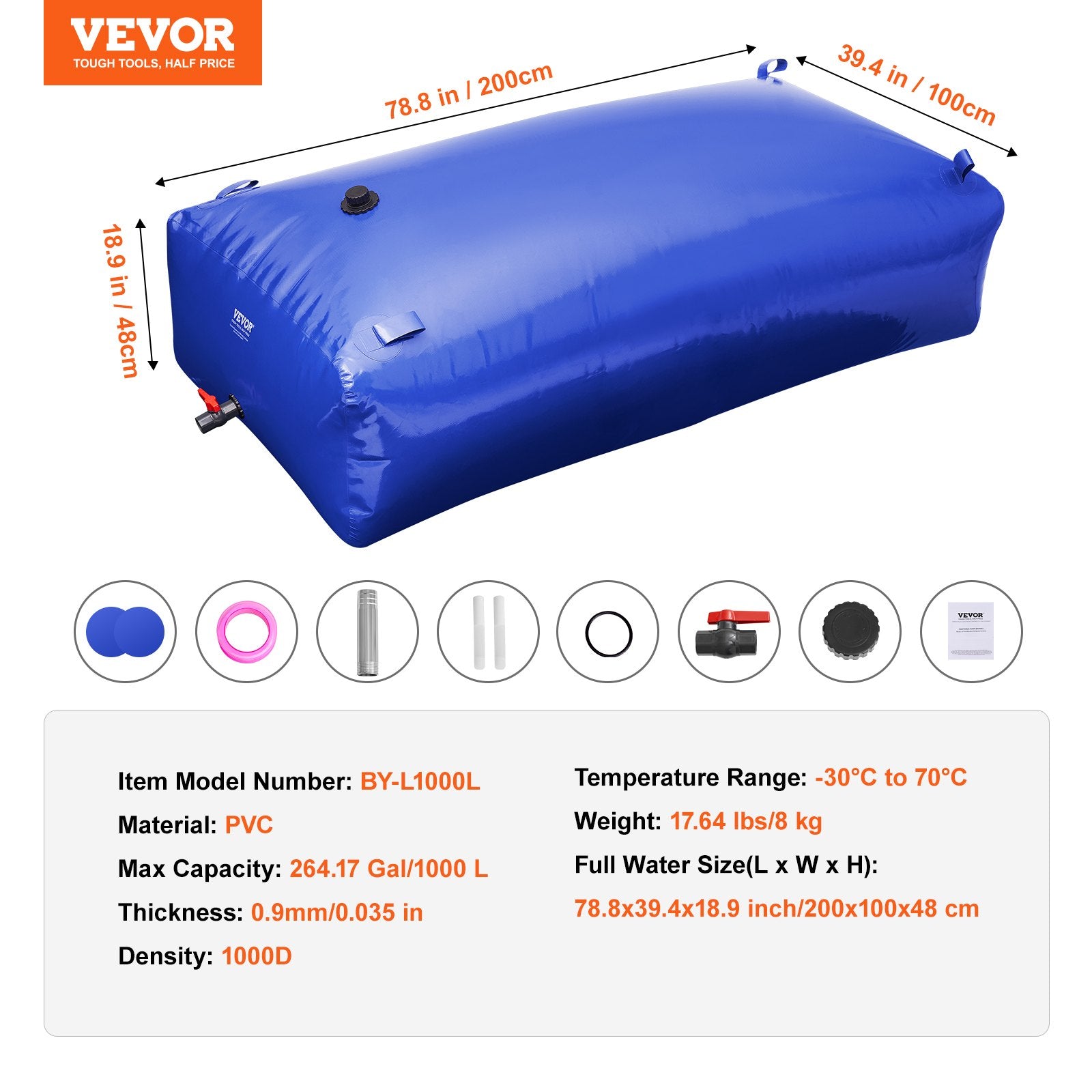Portable Toilets & Showers: VEVOR Portable Water Storage Bladder 264 Gal 1000D PVC Collapsible Water Tank