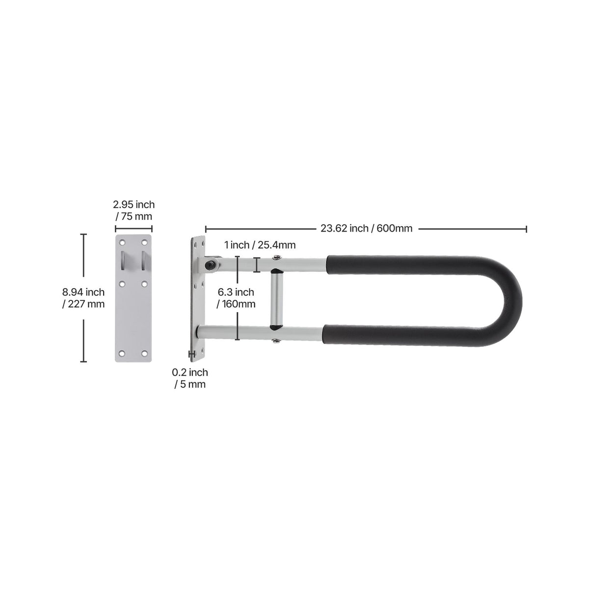 Toilet Safety Rail, 60.5 cm U-Shaped Handicap Grab Bar, Foldable Senior Safety Pole, Flip Up Toilet Grab Bars with Anti-Slip Support Handle, 136 kg Load Capacity for Elderly, Disabled, Pregnant