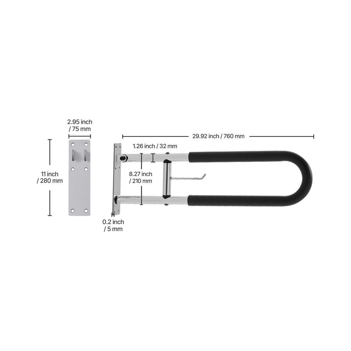 Toilet Safety Rail, 76.5 cm U-Shaped Handicap Grab Bar, Foldable Senior Safety Pole, Flip Up Toilet Grab Bars with Anti-Slip Handle, 136 kg Load Capacity Security Handrail with Paper Holder