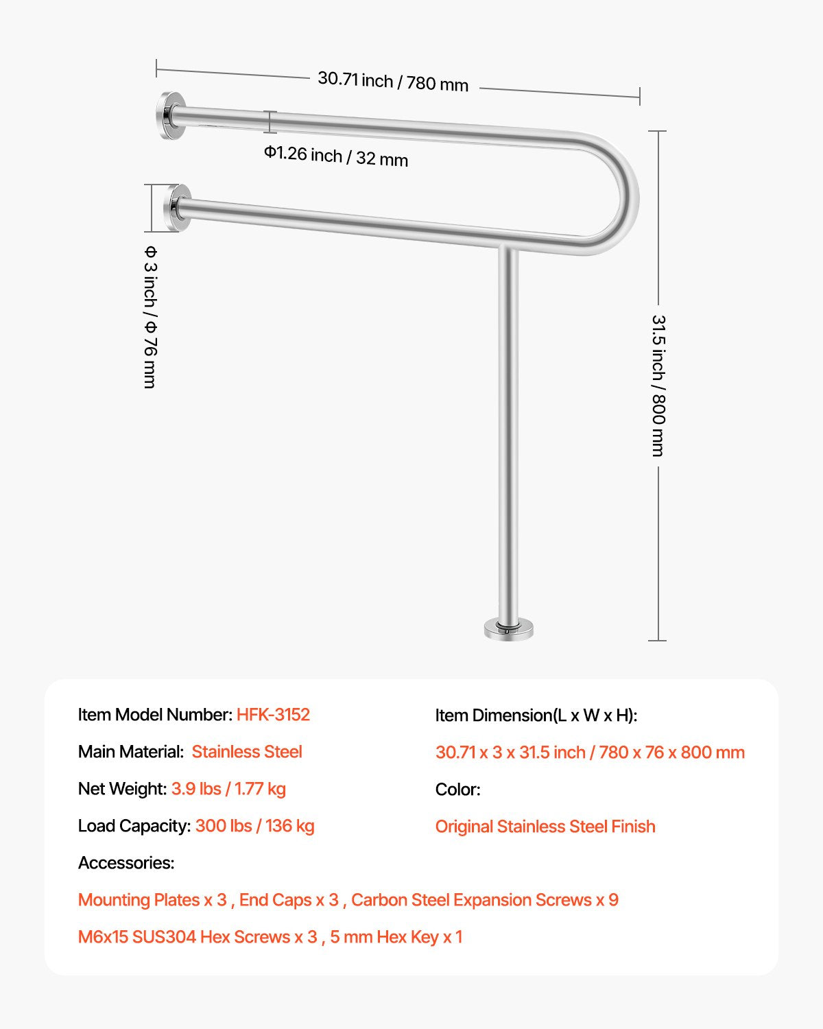 Automotive Parts: VEVOR Toilet Safety Rail, 80 cm U-Shaped Handicap Grab Bar, 304 Stainless Steel Senior Safety Pole, Toilet Grab Bars with Anti-Slip Handle, 136 kg Load Capacity Security Handrail with Support Leg